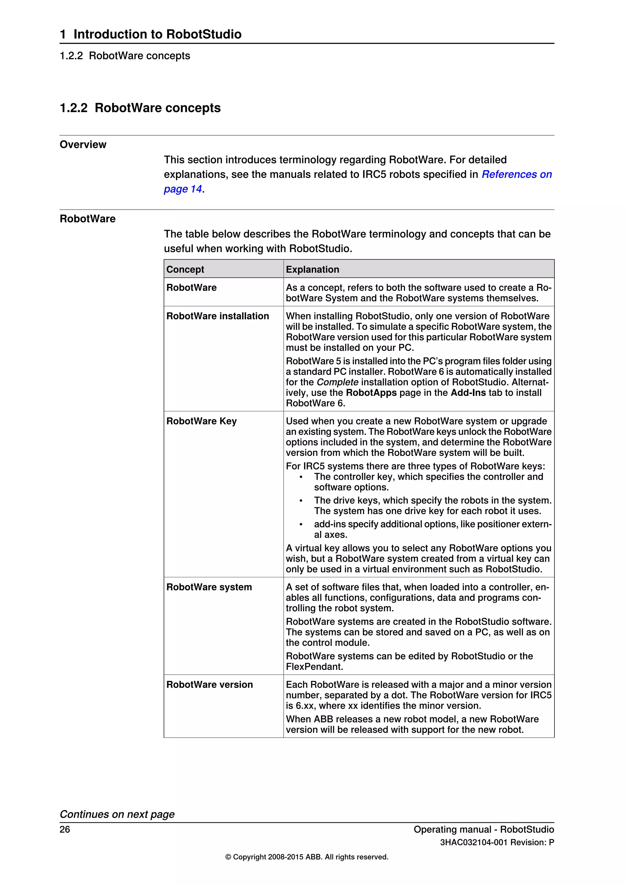 1.2.2 RobotWare concepts
Overview
This section introduces terminology regarding RobotWare. For detailed
explanations, see the manuals related to IRC5 robots specified in References on
page 14.
RobotWare
The table below describes the RobotWare terminology and concepts that can be
useful when working with RobotStudio.
ExplanationConcept
As a concept, refers to both the software used to create a Ro-
botWare System and the RobotWare systems themselves.
RobotWare
When installing RobotStudio, only one version of RobotWare
will be installed. To simulate a specific RobotWare system, the
RobotWare version used for this particular RobotWare system
must be installed on your PC.
RobotWare installation
RobotWare 5 is installed into the PC’s program files folder using
a standard PC installer. RobotWare 6 is automatically installed
for the Complete installation option of RobotStudio. Alternat-
ively, use the RobotApps page in the Add-Ins tab to install
RobotWare 6.
Used when you create a new RobotWare system or upgrade
an existing system. The RobotWare keys unlock the RobotWare
options included in the system, and determine the RobotWare
version from which the RobotWare system will be built.
RobotWare Key
For IRC5 systems there are three types of RobotWare keys:
• The controller key, which specifies the controller and
software options.
• The drive keys, which specify the robots in the system.
The system has one drive key for each robot it uses.
• add-ins specify additional options, like positioner extern-
al axes.
A virtual key allows you to select any RobotWare options you
wish, but a RobotWare system created from a virtual key can
only be used in a virtual environment such as RobotStudio.
A set of software files that, when loaded into a controller, en-
ables all functions, configurations, data and programs con-
trolling the robot system.
RobotWare system
RobotWare systems are created in the RobotStudio software.
The systems can be stored and saved on a PC, as well as on
the control module.
RobotWare systems can be edited by RobotStudio or the
FlexPendant.
Each RobotWare is released with a major and a minor version
number, separated by a dot. The RobotWare version for IRC5
is 6.xx, where xx identifies the minor version.
RobotWare version
When ABB releases a new robot model, a new RobotWare
version will be released with support for the new robot.
Continues on next page
26 Operating manual - RobotStudio
3HAC032104-001 Revision: P
© Copyright 2008-2015 ABB. All rights reserved.
1 Introduction to RobotStudio
1.2.2 RobotWare concepts
 