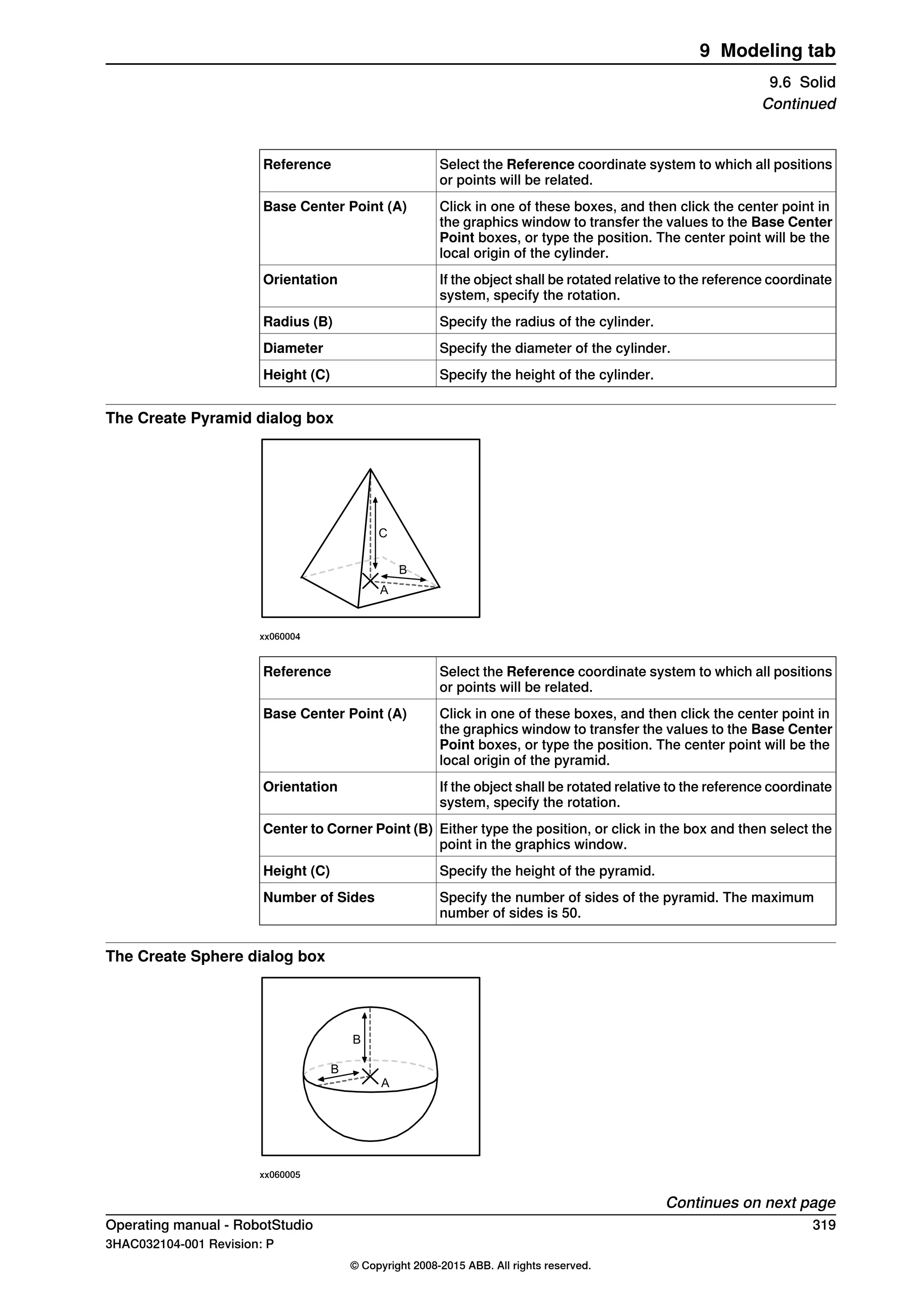 Select the Reference coordinate system to which all positions
or points will be related.
Reference
Click in one of these boxes, and then click the center point in
the graphics window to transfer the values to the Base Center
Point boxes, or type the position. The center point will be the
local origin of the cylinder.
Base Center Point (A)
If the object shall be rotated relative to the reference coordinate
system, specify the rotation.
Orientation
Specify the radius of the cylinder.Radius (B)
Specify the diameter of the cylinder.Diameter
Specify the height of the cylinder.Height (C)
The Create Pyramid dialog box
A
B
C
xx060004
Select the Reference coordinate system to which all positions
or points will be related.
Reference
Click in one of these boxes, and then click the center point in
the graphics window to transfer the values to the Base Center
Point boxes, or type the position. The center point will be the
local origin of the pyramid.
Base Center Point (A)
If the object shall be rotated relative to the reference coordinate
system, specify the rotation.
Orientation
Either type the position, or click in the box and then select the
point in the graphics window.
Center to Corner Point (B)
Specify the height of the pyramid.Height (C)
Specify the number of sides of the pyramid. The maximum
number of sides is 50.
Number of Sides
The Create Sphere dialog box
B
A
B
xx060005
Continues on next page
Operating manual - RobotStudio 319
3HAC032104-001 Revision: P
© Copyright 2008-2015 ABB. All rights reserved.
9 Modeling tab
9.6 Solid
Continued
 