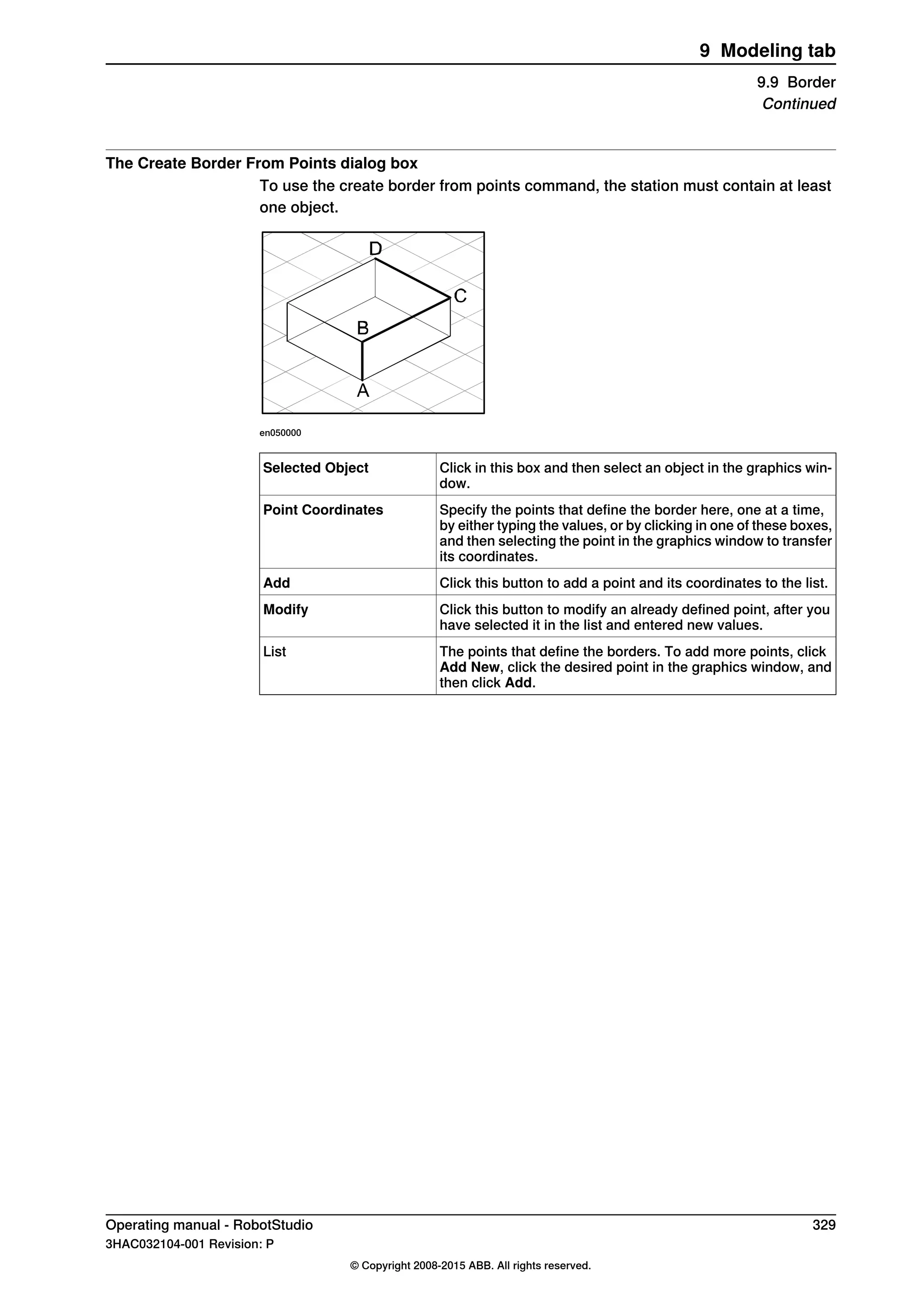 The Create Border From Points dialog box
To use the create border from points command, the station must contain at least
one object.
en050000
Click in this box and then select an object in the graphics win-
dow.
Selected Object
Specify the points that define the border here, one at a time,
by either typing the values, or by clicking in one of these boxes,
and then selecting the point in the graphics window to transfer
its coordinates.
Point Coordinates
Click this button to add a point and its coordinates to the list.Add
Click this button to modify an already defined point, after you
have selected it in the list and entered new values.
Modify
The points that define the borders. To add more points, click
Add New, click the desired point in the graphics window, and
then click Add.
List
Operating manual - RobotStudio 329
3HAC032104-001 Revision: P
© Copyright 2008-2015 ABB. All rights reserved.
9 Modeling tab
9.9 Border
Continued
 