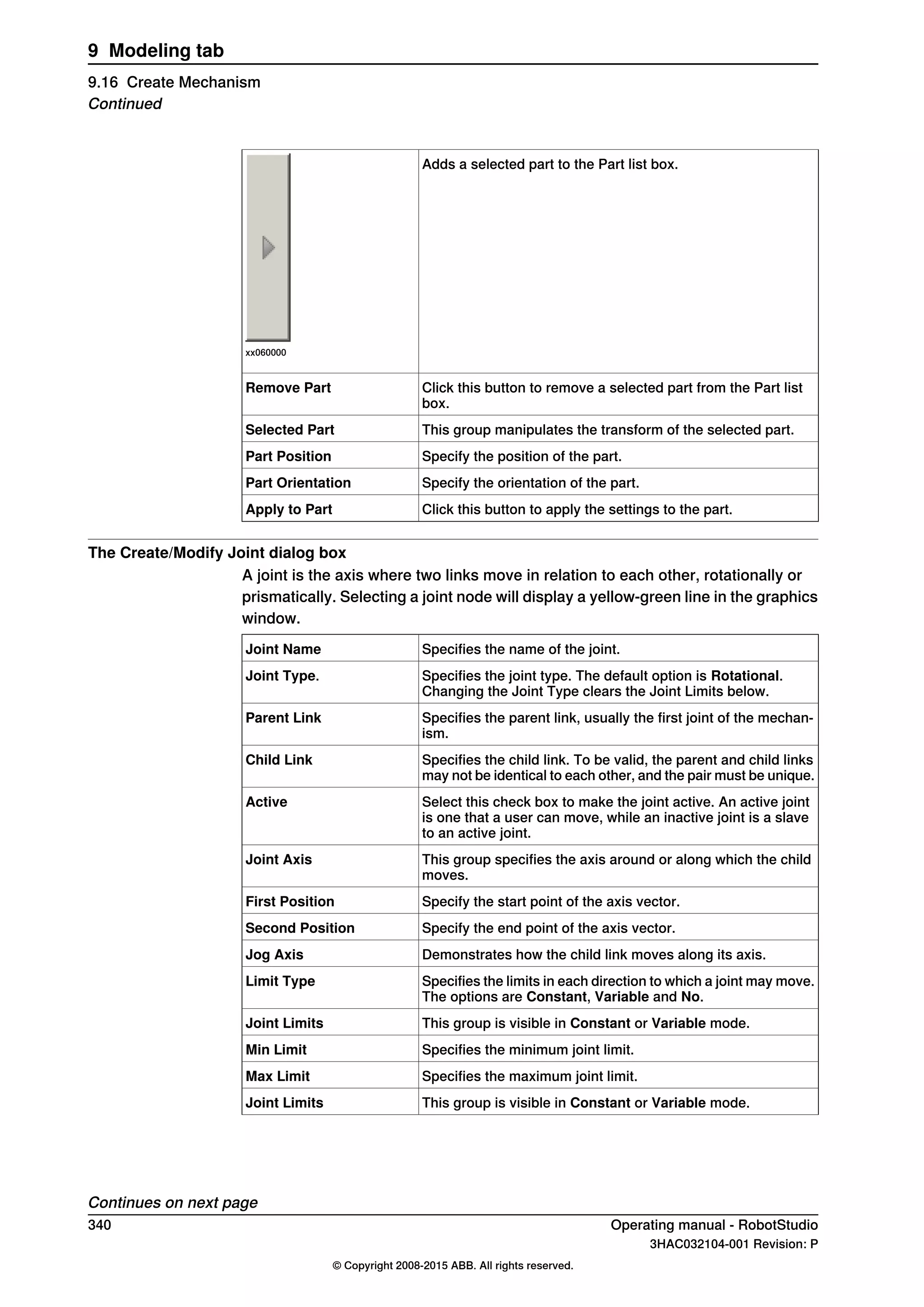 Adds a selected part to the Part list box.
xx060000
Click this button to remove a selected part from the Part list
box.
Remove Part
This group manipulates the transform of the selected part.Selected Part
Specify the position of the part.Part Position
Specify the orientation of the part.Part Orientation
Click this button to apply the settings to the part.Apply to Part
The Create/Modify Joint dialog box
A joint is the axis where two links move in relation to each other, rotationally or
prismatically. Selecting a joint node will display a yellow-green line in the graphics
window.
Specifies the name of the joint.Joint Name
Specifies the joint type. The default option is Rotational.
Changing the Joint Type clears the Joint Limits below.
Joint Type.
Specifies the parent link, usually the first joint of the mechan-
ism.
Parent Link
Specifies the child link. To be valid, the parent and child links
may not be identical to each other, and the pair must be unique.
Child Link
Select this check box to make the joint active. An active joint
is one that a user can move, while an inactive joint is a slave
to an active joint.
Active
This group specifies the axis around or along which the child
moves.
Joint Axis
Specify the start point of the axis vector.First Position
Specify the end point of the axis vector.Second Position
Demonstrates how the child link moves along its axis.Jog Axis
Specifies the limits in each direction to which a joint may move.
The options are Constant, Variable and No.
Limit Type
This group is visible in Constant or Variable mode.Joint Limits
Specifies the minimum joint limit.Min Limit
Specifies the maximum joint limit.Max Limit
This group is visible in Constant or Variable mode.Joint Limits
Continues on next page
340 Operating manual - RobotStudio
3HAC032104-001 Revision: P
© Copyright 2008-2015 ABB. All rights reserved.
9 Modeling tab
9.16 Create Mechanism
Continued
 