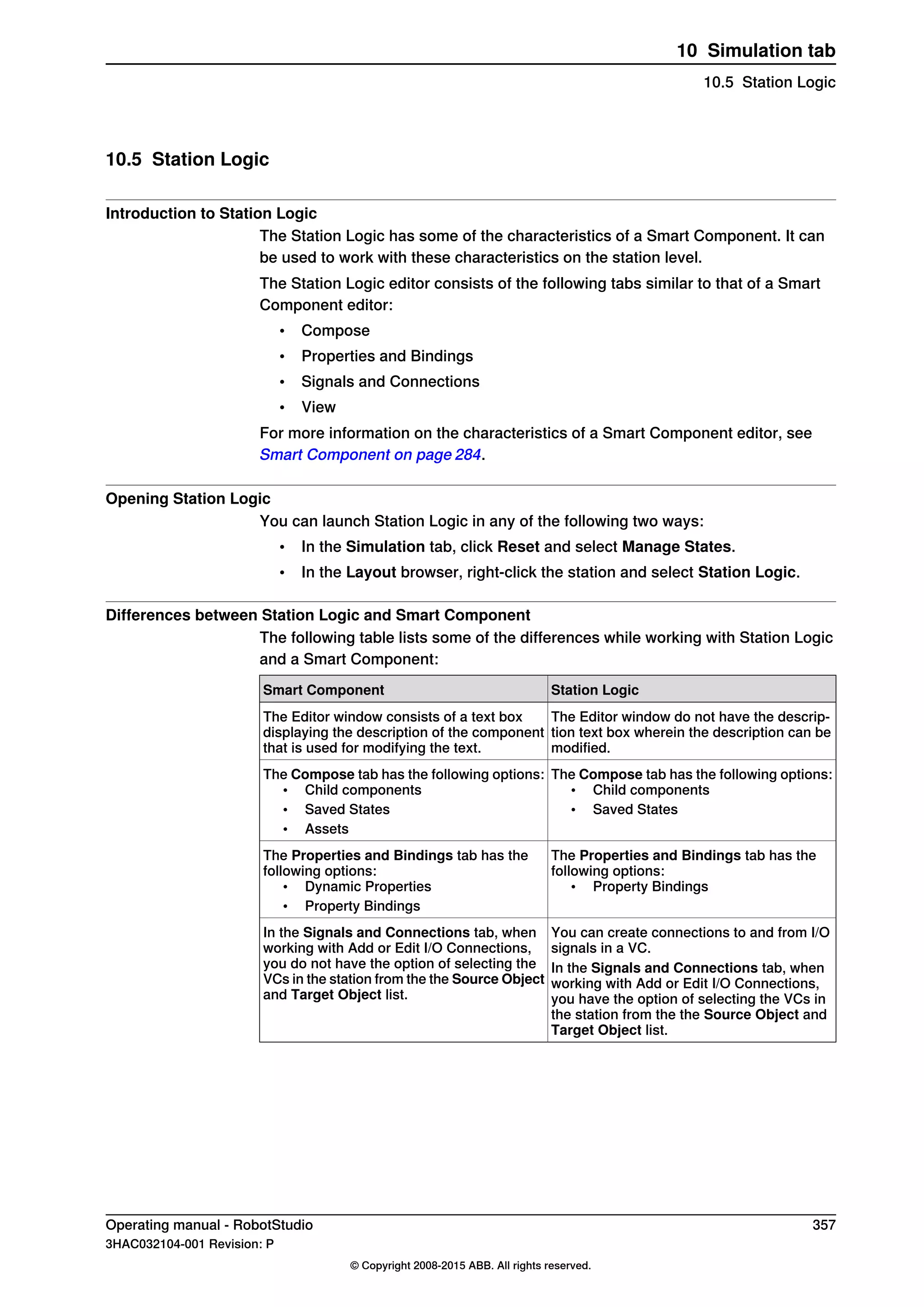 10.5 Station Logic
Introduction to Station Logic
The Station Logic has some of the characteristics of a Smart Component. It can
be used to work with these characteristics on the station level.
The Station Logic editor consists of the following tabs similar to that of a Smart
Component editor:
• Compose
• Properties and Bindings
• Signals and Connections
• View
For more information on the characteristics of a Smart Component editor, see
Smart Component on page 284.
Opening Station Logic
You can launch Station Logic in any of the following two ways:
• In the Simulation tab, click Reset and select Manage States.
• In the Layout browser, right-click the station and select Station Logic.
Differences between Station Logic and Smart Component
The following table lists some of the differences while working with Station Logic
and a Smart Component:
Station LogicSmart Component
The Editor window do not have the descrip-
tion text box wherein the description can be
modified.
The Editor window consists of a text box
displaying the description of the component
that is used for modifying the text.
The Compose tab has the following options:
• Child components
• Saved States
The Compose tab has the following options:
• Child components
• Saved States
• Assets
The Properties and Bindings tab has the
following options:
• Property Bindings
The Properties and Bindings tab has the
following options:
• Dynamic Properties
• Property Bindings
You can create connections to and from I/O
signals in a VC.
In the Signals and Connections tab, when
working with Add or Edit I/O Connections,
you do not have the option of selecting the
VCs in the station from the the Source Object
and Target Object list.
In the Signals and Connections tab, when
working with Add or Edit I/O Connections,
you have the option of selecting the VCs in
the station from the the Source Object and
Target Object list.
Operating manual - RobotStudio 357
3HAC032104-001 Revision: P
© Copyright 2008-2015 ABB. All rights reserved.
10 Simulation tab
10.5 Station Logic
 