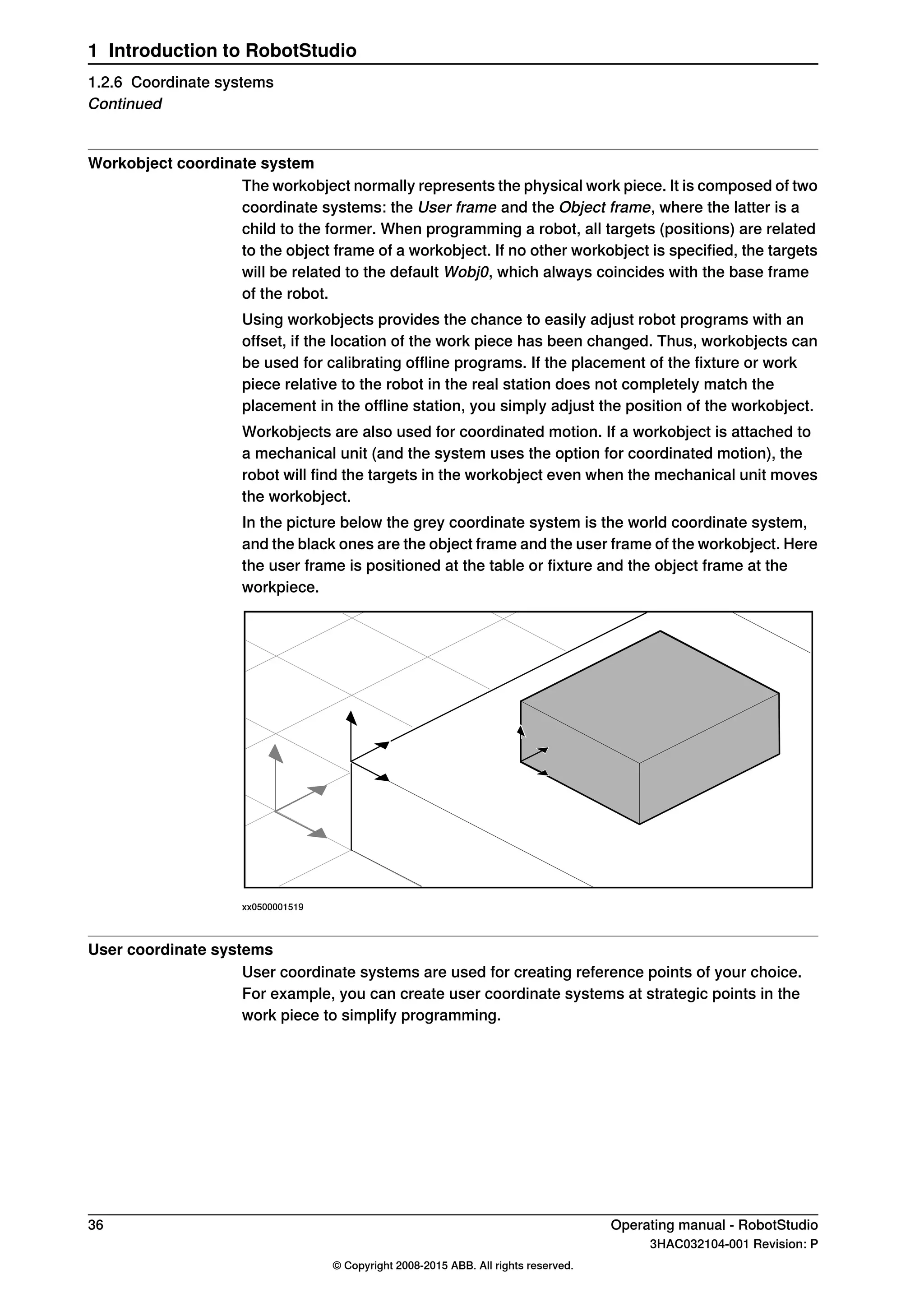 Workobject coordinate system
The workobject normally represents the physical work piece. It is composed of two
coordinate systems: the User frame and the Object frame, where the latter is a
child to the former. When programming a robot, all targets (positions) are related
to the object frame of a workobject. If no other workobject is specified, the targets
will be related to the default Wobj0, which always coincides with the base frame
of the robot.
Using workobjects provides the chance to easily adjust robot programs with an
offset, if the location of the work piece has been changed. Thus, workobjects can
be used for calibrating offline programs. If the placement of the fixture or work
piece relative to the robot in the real station does not completely match the
placement in the offline station, you simply adjust the position of the workobject.
Workobjects are also used for coordinated motion. If a workobject is attached to
a mechanical unit (and the system uses the option for coordinated motion), the
robot will find the targets in the workobject even when the mechanical unit moves
the workobject.
In the picture below the grey coordinate system is the world coordinate system,
and the black ones are the object frame and the user frame of the workobject. Here
the user frame is positioned at the table or fixture and the object frame at the
workpiece.
xx0500001519
User coordinate systems
User coordinate systems are used for creating reference points of your choice.
For example, you can create user coordinate systems at strategic points in the
work piece to simplify programming.
36 Operating manual - RobotStudio
3HAC032104-001 Revision: P
© Copyright 2008-2015 ABB. All rights reserved.
1 Introduction to RobotStudio
1.2.6 Coordinate systems
Continued
 