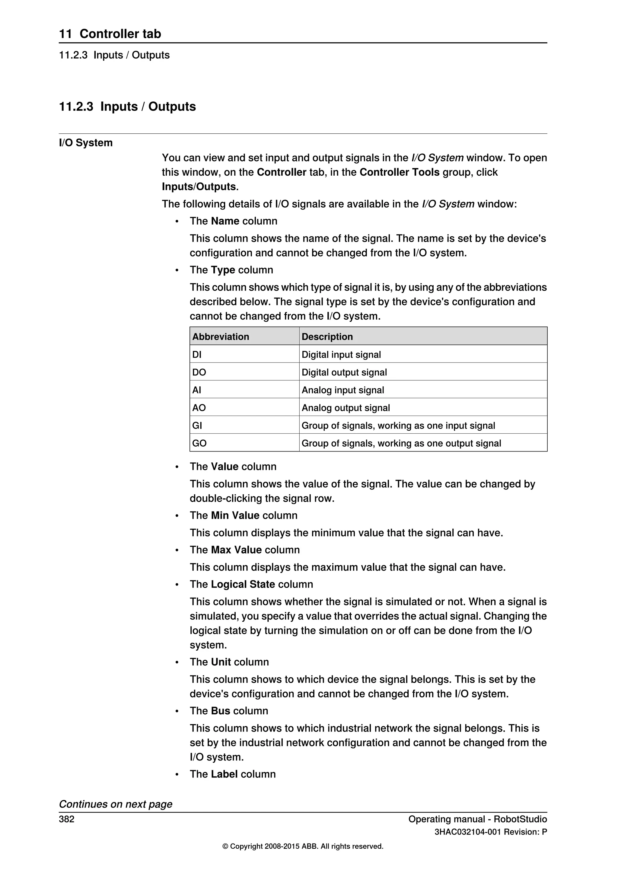 11.2.3 Inputs / Outputs
I/O System
You can view and set input and output signals in the I/O System window. To open
this window, on the Controller tab, in the Controller Tools group, click
Inputs/Outputs.
The following details of I/O signals are available in the I/O System window:
• The Name column
This column shows the name of the signal. The name is set by the device's
configuration and cannot be changed from the I/O system.
• The Type column
This column shows which type of signal it is, by using any of the abbreviations
described below. The signal type is set by the device's configuration and
cannot be changed from the I/O system.
DescriptionAbbreviation
Digital input signalDI
Digital output signalDO
Analog input signalAI
Analog output signalAO
Group of signals, working as one input signalGI
Group of signals, working as one output signalGO
• The Value column
This column shows the value of the signal. The value can be changed by
double-clicking the signal row.
• The Min Value column
This column displays the minimum value that the signal can have.
• The Max Value column
This column displays the maximum value that the signal can have.
• The Logical State column
This column shows whether the signal is simulated or not. When a signal is
simulated, you specify a value that overrides the actual signal. Changing the
logical state by turning the simulation on or off can be done from the I/O
system.
• The Unit column
This column shows to which device the signal belongs. This is set by the
device's configuration and cannot be changed from the I/O system.
• The Bus column
This column shows to which industrial network the signal belongs. This is
set by the industrial network configuration and cannot be changed from the
I/O system.
• The Label column
Continues on next page
382 Operating manual - RobotStudio
3HAC032104-001 Revision: P
© Copyright 2008-2015 ABB. All rights reserved.
11 Controller tab
11.2.3 Inputs / Outputs
 