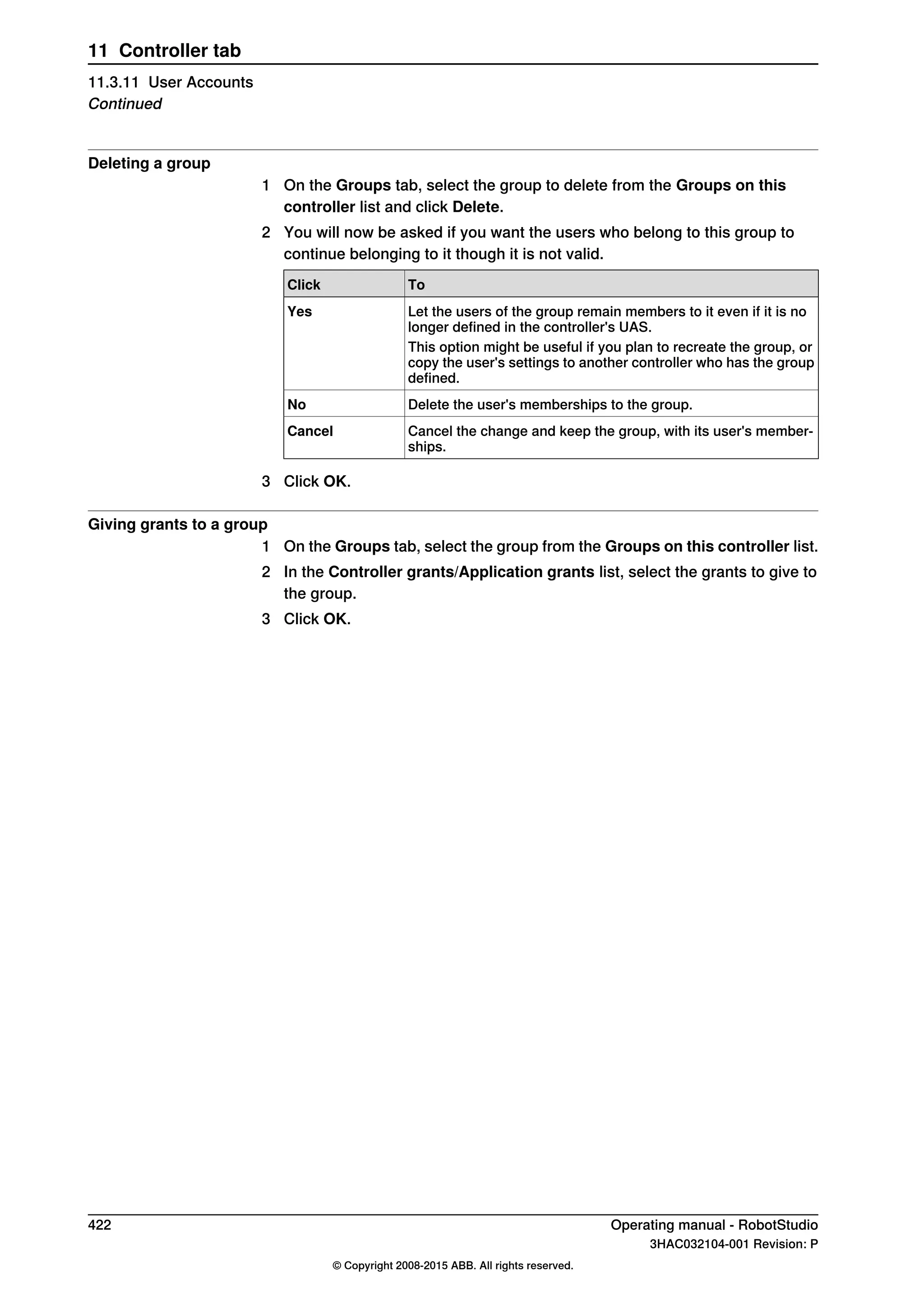 Deleting a group
1 On the Groups tab, select the group to delete from the Groups on this
controller list and click Delete.
2 You will now be asked if you want the users who belong to this group to
continue belonging to it though it is not valid.
ToClick
Let the users of the group remain members to it even if it is no
longer defined in the controller's UAS.
Yes
This option might be useful if you plan to recreate the group, or
copy the user's settings to another controller who has the group
defined.
Delete the user's memberships to the group.No
Cancel the change and keep the group, with its user's member-
ships.
Cancel
3 Click OK.
Giving grants to a group
1 On the Groups tab, select the group from the Groups on this controller list.
2 In the Controller grants/Application grants list, select the grants to give to
the group.
3 Click OK.
422 Operating manual - RobotStudio
3HAC032104-001 Revision: P
© Copyright 2008-2015 ABB. All rights reserved.
11 Controller tab
11.3.11 User Accounts
Continued
 