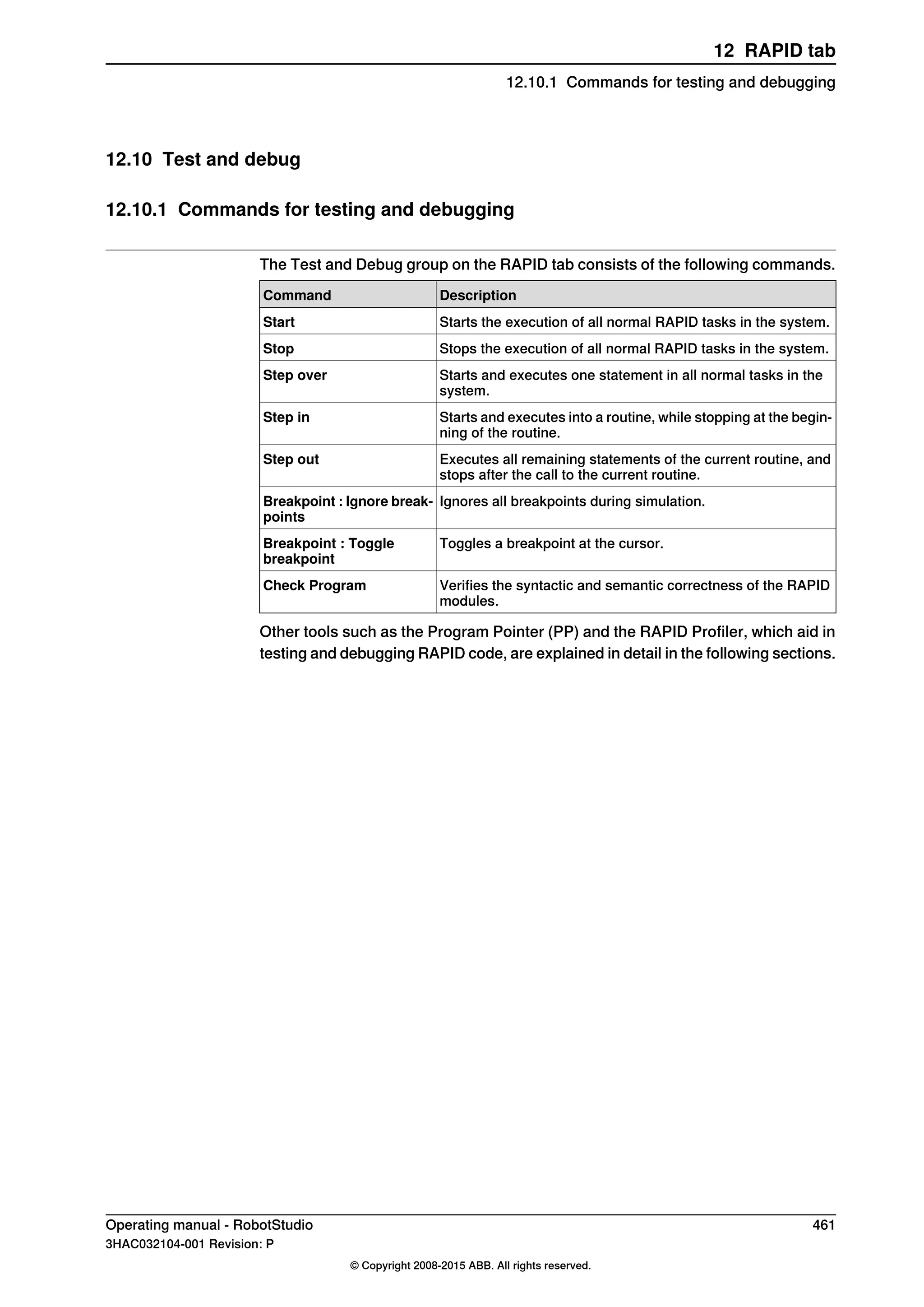 12.10 Test and debug
12.10.1 Commands for testing and debugging
The Test and Debug group on the RAPID tab consists of the following commands.
DescriptionCommand
Starts the execution of all normal RAPID tasks in the system.Start
Stops the execution of all normal RAPID tasks in the system.Stop
Starts and executes one statement in all normal tasks in the
system.
Step over
Starts and executes into a routine, while stopping at the begin-
ning of the routine.
Step in
Executes all remaining statements of the current routine, and
stops after the call to the current routine.
Step out
Ignores all breakpoints during simulation.Breakpoint : Ignore break-
points
Toggles a breakpoint at the cursor.Breakpoint : Toggle
breakpoint
Verifies the syntactic and semantic correctness of the RAPID
modules.
Check Program
Other tools such as the Program Pointer (PP) and the RAPID Profiler, which aid in
testing and debugging RAPID code, are explained in detail in the following sections.
Operating manual - RobotStudio 461
3HAC032104-001 Revision: P
© Copyright 2008-2015 ABB. All rights reserved.
12 RAPID tab
12.10.1 Commands for testing and debugging
 