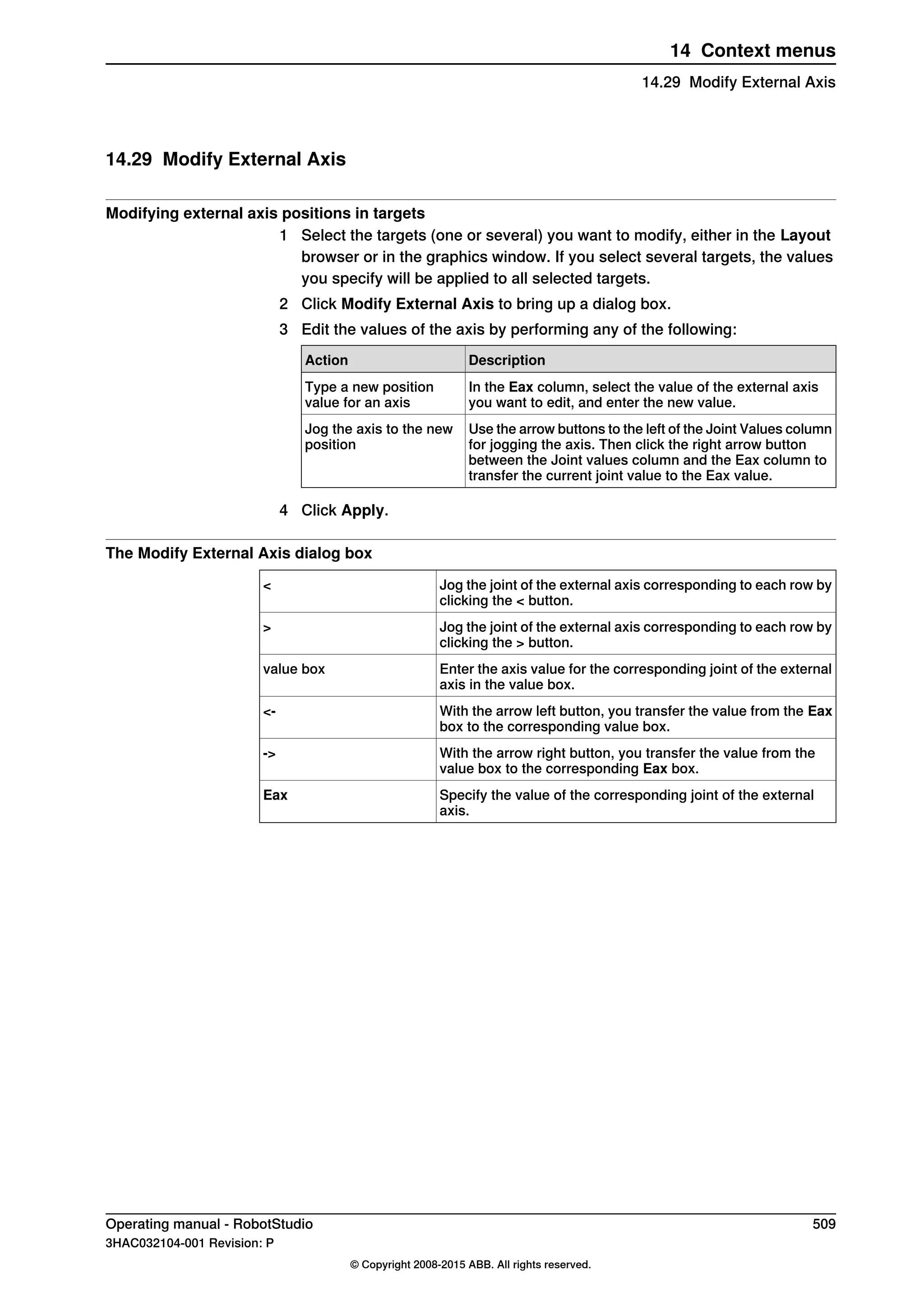 14.29 Modify External Axis
Modifying external axis positions in targets
1 Select the targets (one or several) you want to modify, either in the Layout
browser or in the graphics window. If you select several targets, the values
you specify will be applied to all selected targets.
2 Click Modify External Axis to bring up a dialog box.
3 Edit the values of the axis by performing any of the following:
DescriptionAction
In the Eax column, select the value of the external axis
you want to edit, and enter the new value.
Type a new position
value for an axis
Use the arrow buttons to the left of the Joint Values column
for jogging the axis. Then click the right arrow button
between the Joint values column and the Eax column to
transfer the current joint value to the Eax value.
Jog the axis to the new
position
4 Click Apply.
The Modify External Axis dialog box
Jog the joint of the external axis corresponding to each row by
clicking the < button.
<
Jog the joint of the external axis corresponding to each row by
clicking the > button.
>
Enter the axis value for the corresponding joint of the external
axis in the value box.
value box
With the arrow left button, you transfer the value from the Eax
box to the corresponding value box.
<-
With the arrow right button, you transfer the value from the
value box to the corresponding Eax box.
->
Specify the value of the corresponding joint of the external
axis.
Eax
Operating manual - RobotStudio 509
3HAC032104-001 Revision: P
© Copyright 2008-2015 ABB. All rights reserved.
14 Context menus
14.29 Modify External Axis
 