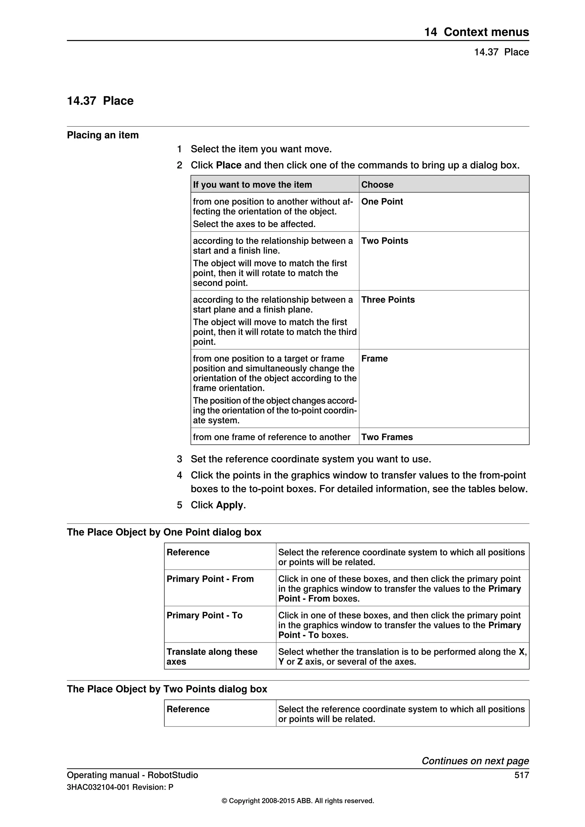 14.37 Place
Placing an item
1 Select the item you want move.
2 Click Place and then click one of the commands to bring up a dialog box.
ChooseIf you want to move the item
One Pointfrom one position to another without af-
fecting the orientation of the object.
Select the axes to be affected.
Two Pointsaccording to the relationship between a
start and a finish line.
The object will move to match the first
point, then it will rotate to match the
second point.
Three Pointsaccording to the relationship between a
start plane and a finish plane.
The object will move to match the first
point, then it will rotate to match the third
point.
Framefrom one position to a target or frame
position and simultaneously change the
orientation of the object according to the
frame orientation.
The position of the object changes accord-
ing the orientation of the to-point coordin-
ate system.
Two Framesfrom one frame of reference to another
3 Set the reference coordinate system you want to use.
4 Click the points in the graphics window to transfer values to the from-point
boxes to the to-point boxes. For detailed information, see the tables below.
5 Click Apply.
The Place Object by One Point dialog box
Select the reference coordinate system to which all positions
or points will be related.
Reference
Click in one of these boxes, and then click the primary point
in the graphics window to transfer the values to the Primary
Point - From boxes.
Primary Point - From
Click in one of these boxes, and then click the primary point
in the graphics window to transfer the values to the Primary
Point - To boxes.
Primary Point - To
Select whether the translation is to be performed along the X,
Y or Z axis, or several of the axes.
Translate along these
axes
The Place Object by Two Points dialog box
Select the reference coordinate system to which all positions
or points will be related.
Reference
Continues on next page
Operating manual - RobotStudio 517
3HAC032104-001 Revision: P
© Copyright 2008-2015 ABB. All rights reserved.
14 Context menus
14.37 Place
 