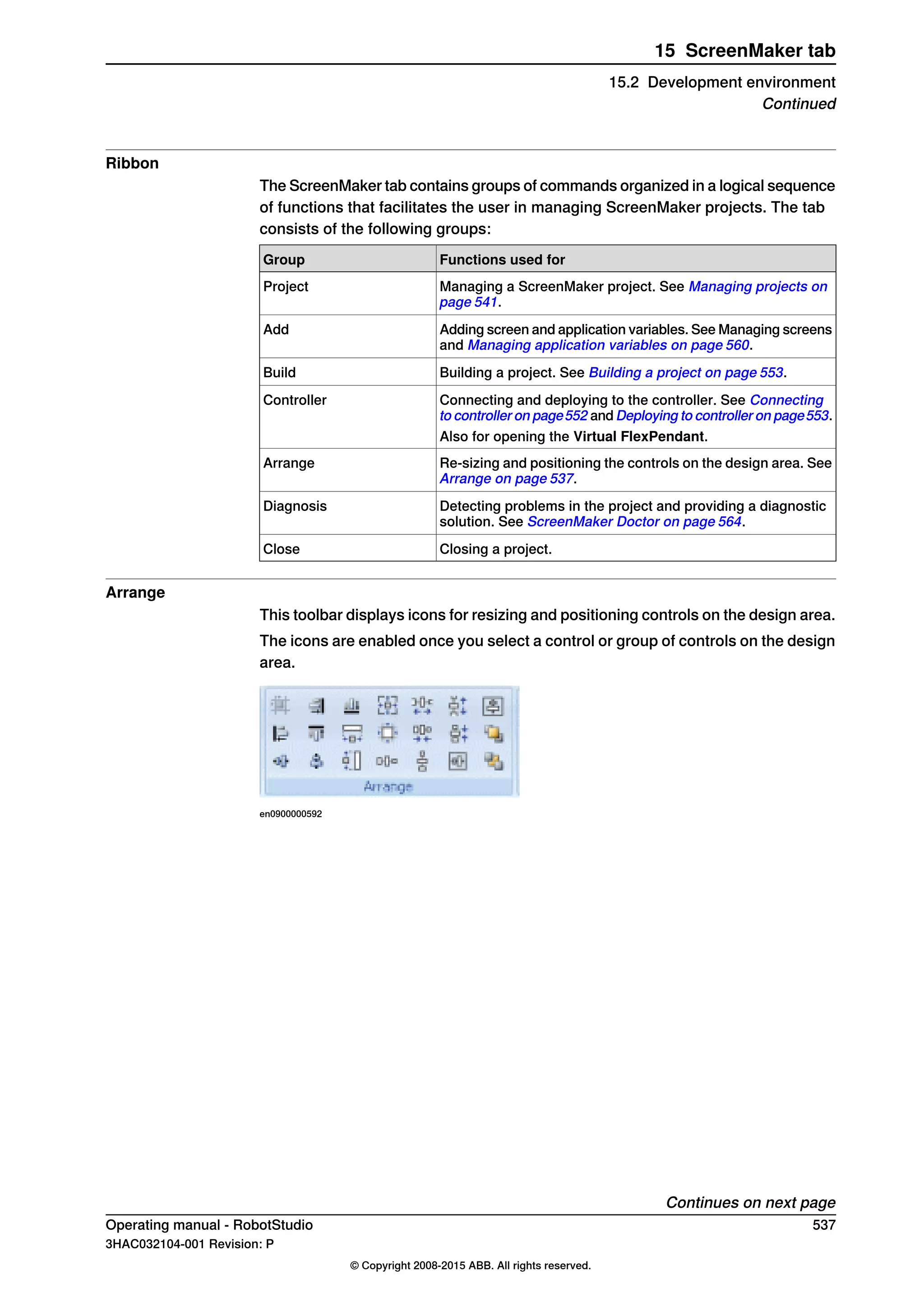 Ribbon
The ScreenMaker tab contains groups of commands organized in a logical sequence
of functions that facilitates the user in managing ScreenMaker projects. The tab
consists of the following groups:
Functions used forGroup
Managing a ScreenMaker project. See Managing projects on
page 541.
Project
Adding screen and application variables. See Managing screens
and Managing application variables on page 560.
Add
Building a project. See Building a project on page 553.Build
Connecting and deploying to the controller. See Connecting
to controller on page552 and Deploying to controller on page553.
Controller
Also for opening the Virtual FlexPendant.
Re-sizing and positioning the controls on the design area. See
Arrange on page 537.
Arrange
Detecting problems in the project and providing a diagnostic
solution. See ScreenMaker Doctor on page 564.
Diagnosis
Closing a project.Close
Arrange
This toolbar displays icons for resizing and positioning controls on the design area.
The icons are enabled once you select a control or group of controls on the design
area.
en0900000592
Continues on next page
Operating manual - RobotStudio 537
3HAC032104-001 Revision: P
© Copyright 2008-2015 ABB. All rights reserved.
15 ScreenMaker tab
15.2 Development environment
Continued
 