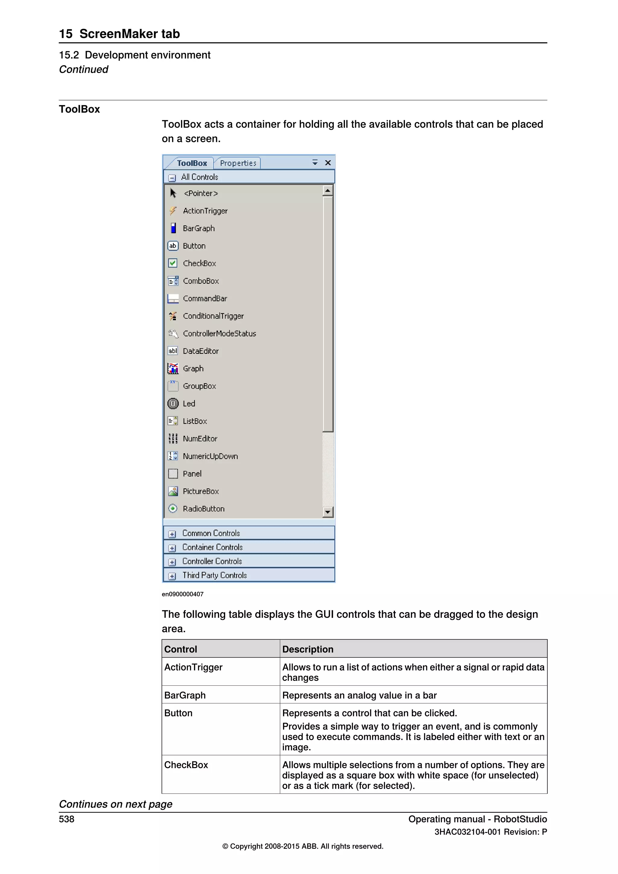 ToolBox
ToolBox acts a container for holding all the available controls that can be placed
on a screen.
en0900000407
The following table displays the GUI controls that can be dragged to the design
area.
DescriptionControl
Allows to run a list of actions when either a signal or rapid data
changes
ActionTrigger
Represents an analog value in a barBarGraph
Represents a control that can be clicked.Button
Provides a simple way to trigger an event, and is commonly
used to execute commands. It is labeled either with text or an
image.
Allows multiple selections from a number of options. They are
displayed as a square box with white space (for unselected)
or as a tick mark (for selected).
CheckBox
Continues on next page
538 Operating manual - RobotStudio
3HAC032104-001 Revision: P
© Copyright 2008-2015 ABB. All rights reserved.
15 ScreenMaker tab
15.2 Development environment
Continued
 