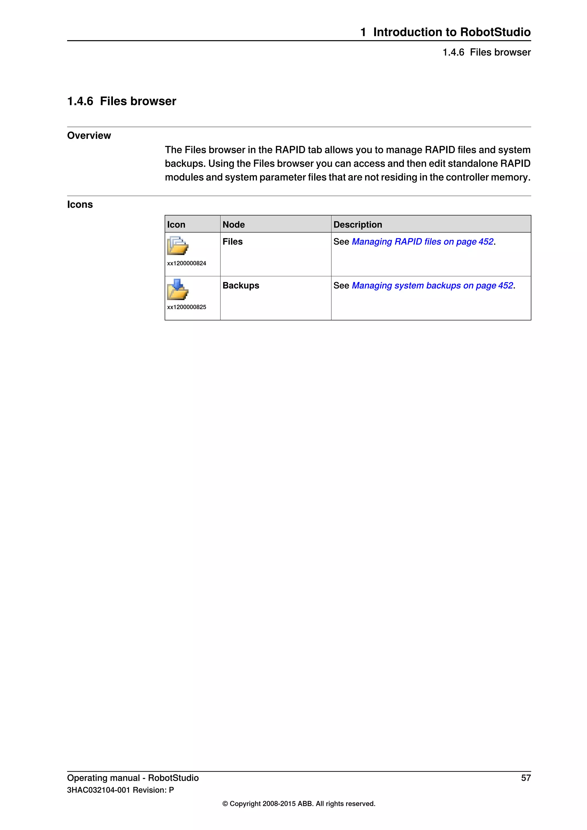 1.4.6 Files browser
Overview
The Files browser in the RAPID tab allows you to manage RAPID files and system
backups. Using the Files browser you can access and then edit standalone RAPID
modules and system parameter files that are not residing in the controller memory.
Icons
DescriptionNodeIcon
See Managing RAPID files on page 452.Files
xx1200000824
See Managing system backups on page 452.Backups
xx1200000825
Operating manual - RobotStudio 57
3HAC032104-001 Revision: P
© Copyright 2008-2015 ABB. All rights reserved.
1 Introduction to RobotStudio
1.4.6 Files browser
 