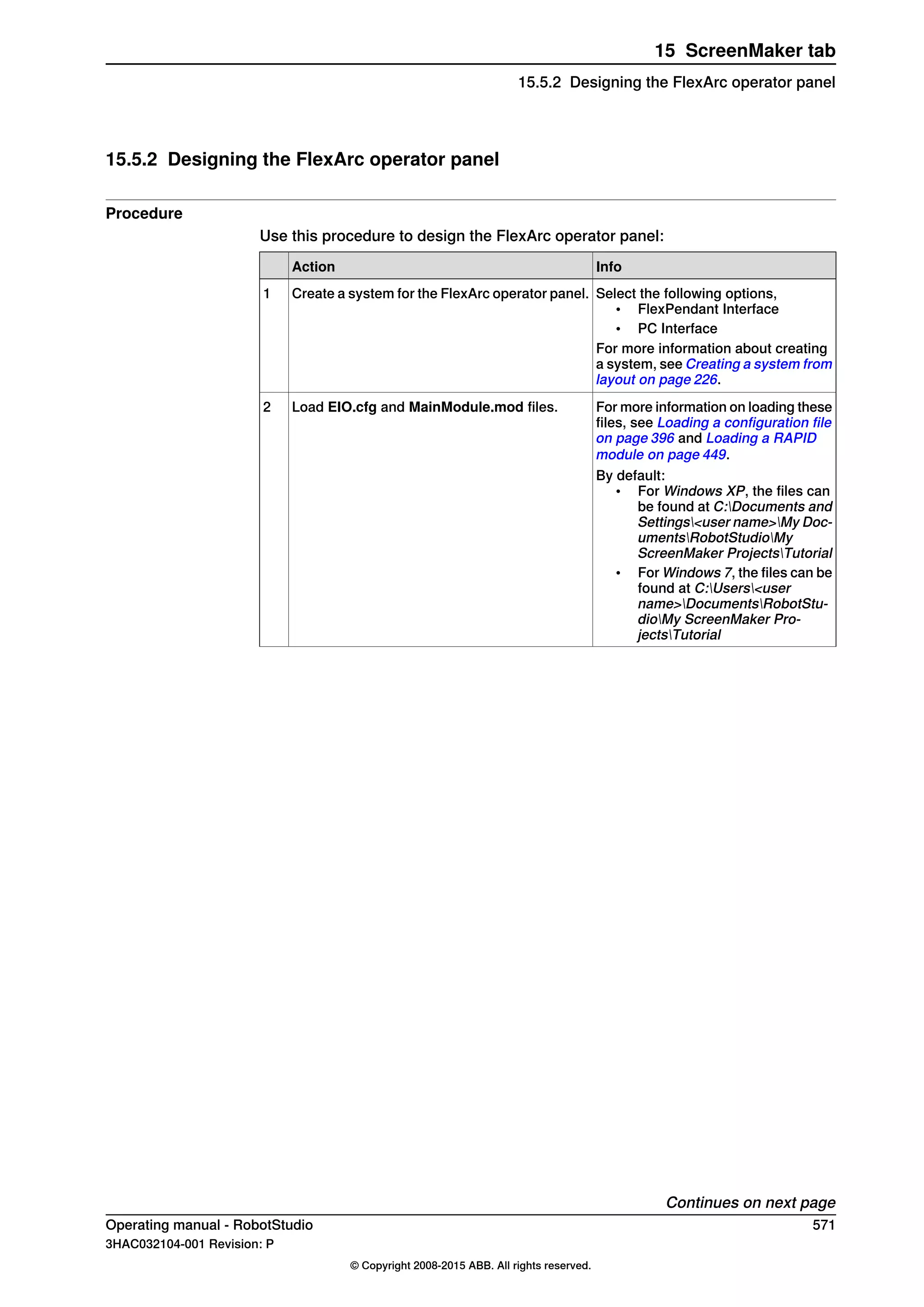 15.5.2 Designing the FlexArc operator panel
Procedure
Use this procedure to design the FlexArc operator panel:
InfoAction
Select the following options,
• FlexPendant Interface
• PC Interface
For more information about creating
a system, see Creating a system from
layout on page 226.
Create a system for the FlexArc operator panel.1
For more information on loading these
files, see Loading a configuration file
on page 396 and Loading a RAPID
module on page 449.
Load EIO.cfg and MainModule.mod files.2
By default:
• For Windows XP, the files can
be found at C:Documents and
Settings<user name>My Doc-
umentsRobotStudioMy
ScreenMaker ProjectsTutorial
• For Windows 7, the files can be
found at C:Users<user
name>DocumentsRobotStu-
dioMy ScreenMaker Pro-
jectsTutorial
Continues on next page
Operating manual - RobotStudio 571
3HAC032104-001 Revision: P
© Copyright 2008-2015 ABB. All rights reserved.
15 ScreenMaker tab
15.5.2 Designing the FlexArc operator panel
 