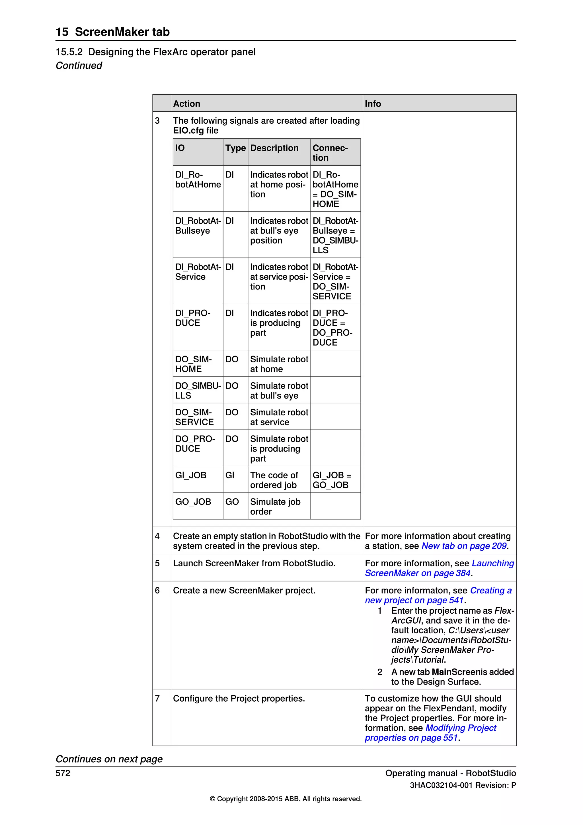 InfoAction
The following signals are created after loading
EIO.cfg file
Connec-
tion
DescriptionTypeIO
Dl_Ro-
botAtHome
= DO_SIM-
HOME
Indicates robot
at home posi-
tion
DlDl_Ro-
botAtHome
Dl_RobotAt-
Bullseye =
DO_SIMBU-
LLS
Indicates robot
at bull's eye
position
DlDl_RobotAt-
Bullseye
Dl_RobotAt-
Service =
DO_SIM-
SERVICE
Indicates robot
at service posi-
tion
DlDl_RobotAt-
Service
Dl_PRO-
DUCE =
DO_PRO-
DUCE
Indicates robot
is producing
part
DlDl_PRO-
DUCE
Simulate robot
at home
DODO_SIM-
HOME
Simulate robot
at bull's eye
DODO_SIMBU-
LLS
Simulate robot
at service
DODO_SIM-
SERVICE
Simulate robot
is producing
part
DODO_PRO-
DUCE
Gl_JOB =
GO_JOB
The code of
ordered job
GlGl_JOB
Simulate job
order
GOGO_JOB
3
For more information about creating
a station, see New tab on page 209.
Create an empty station in RobotStudio with the
system created in the previous step.
4
For more information, see Launching
ScreenMaker on page 384.
Launch ScreenMaker from RobotStudio.5
For more informaton, see Creating a
new project on page 541.
1 Enter the project name as Flex-
ArcGUI, and save it in the de-
fault location, C:Users<user
name>DocumentsRobotStu-
dioMy ScreenMaker Pro-
jectsTutorial.
2 A new tab MainScreenis added
to the Design Surface.
Create a new ScreenMaker project.6
To customize how the GUI should
appear on the FlexPendant, modify
the Project properties. For more in-
formation, see Modifying Project
properties on page 551.
Configure the Project properties.7
Continues on next page
572 Operating manual - RobotStudio
3HAC032104-001 Revision: P
© Copyright 2008-2015 ABB. All rights reserved.
15 ScreenMaker tab
15.5.2 Designing the FlexArc operator panel
Continued
 