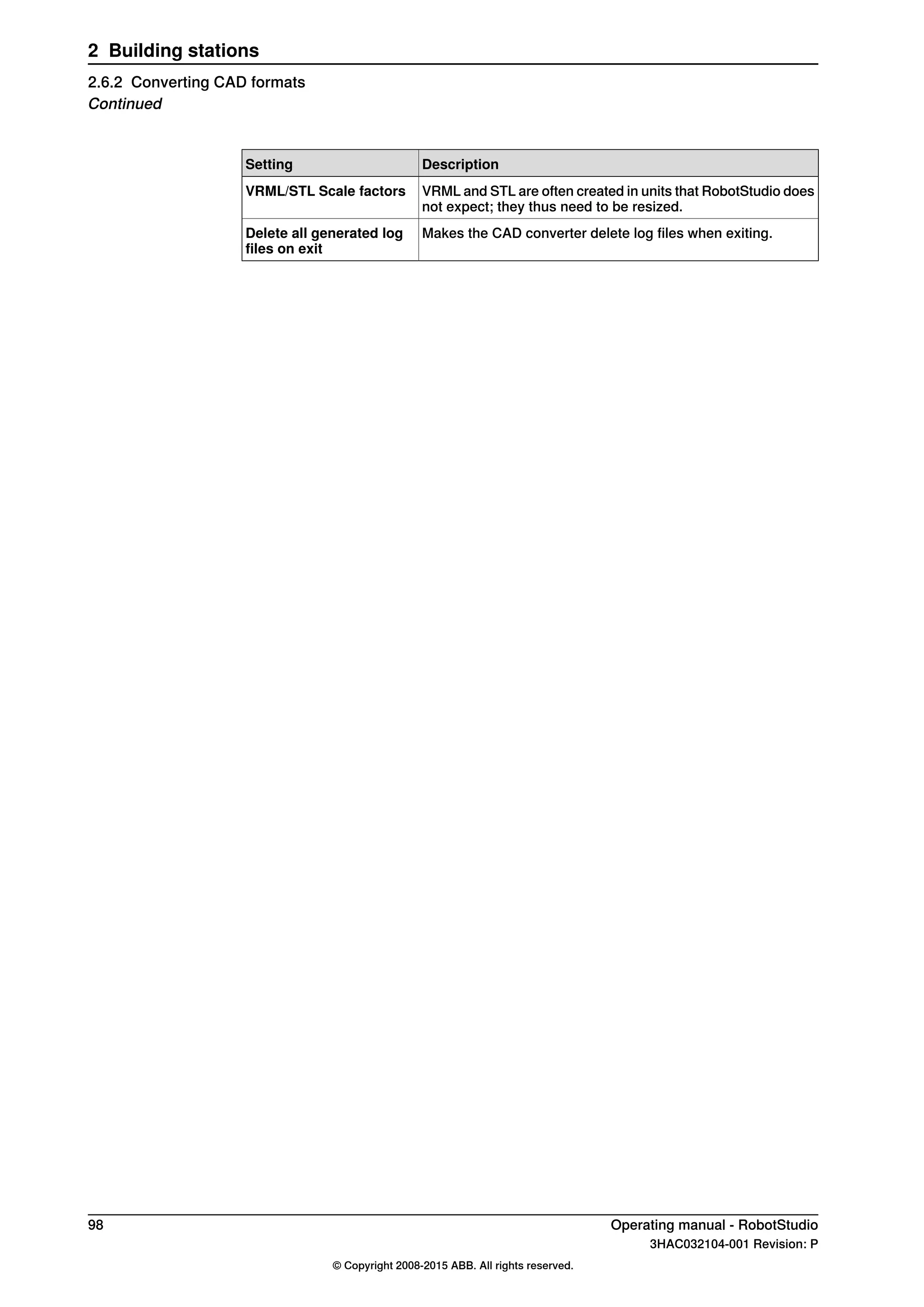 DescriptionSetting
VRML and STL are often created in units that RobotStudio does
not expect; they thus need to be resized.
VRML/STL Scale factors
Makes the CAD converter delete log files when exiting.Delete all generated log
files on exit
98 Operating manual - RobotStudio
3HAC032104-001 Revision: P
© Copyright 2008-2015 ABB. All rights reserved.
2 Building stations
2.6.2 Converting CAD formats
Continued
 