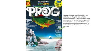 Coverline: This panel down the side has a few
articles that are thought to be of particular
interest to the readers. It separates the articles by
lines. It is down the right side of the magazine as it
is something that is not essential that the reader
looks at before picking it up, they are thought to
be interested in it before choosing the magazine
from a shelf.
 