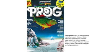 Colour Scheme: There are approximately 3
main colours used in this cover. White,
yellow, and blue/green. This helps the
reader identify the different areas as it
shows most writing in white, and important
aspects in yellow. They use the blue/green
as a background colour.
 