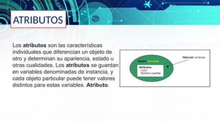 ATRIBUTOS
Los atributos son las características
individuales que diferencian un objeto de
otro y determinan su apariencia, estado u
otras cualidades. Los atributos se guardan
en variables denominadas de instancia, y
cada objeto particular puede tener valores
distintos para estas variables. Atributo.
 