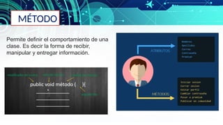 MÉTODO
Permite definir el comportamiento de una
clase. Es decir la forma de recibir,
manipular y entregar información.
 