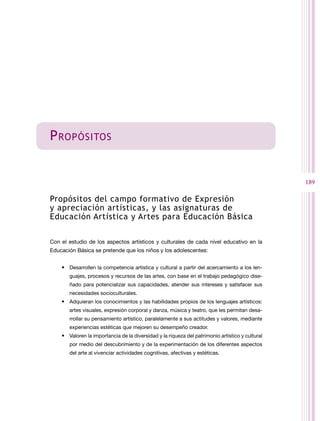 189
Propósitos
Propósitos del campo formativo de Expresión
y apreciación artísticas, y las asignaturas de
Educación Artística y Artes para Educación Básica
Con el estudio de los aspectos artísticos y culturales de cada nivel educativo en la
Educación Básica se pretende que los niños y los adolescentes:
• Desarrollen la competencia artística y cultural a partir del acercamiento a los len­
guajes, procesos y recursos de las artes, con base en el trabajo pedagógico dise­
ñado para potencializar sus capacidades, atender sus intereses y satisfacer sus
necesidades socioculturales.
• Adquieran los conocimientos y las habilidades propios de los lenguajes artísticos:
artes visuales, expresión corporal y danza, música y teatro, que les permitan desa­
rrollar su pensamiento artístico, paralelamente a sus actitudes y valores, mediante
experiencias estéticas que mejoren su desempeño creador.
• Valoren la importancia de la diversidad y la riqueza del patrimonio artístico y cultural
por medio del descubrimiento y de la experimentación de los diferentes aspectos
del arte al vivenciar actividades cognitivas, afectivas y estéticas.
 
