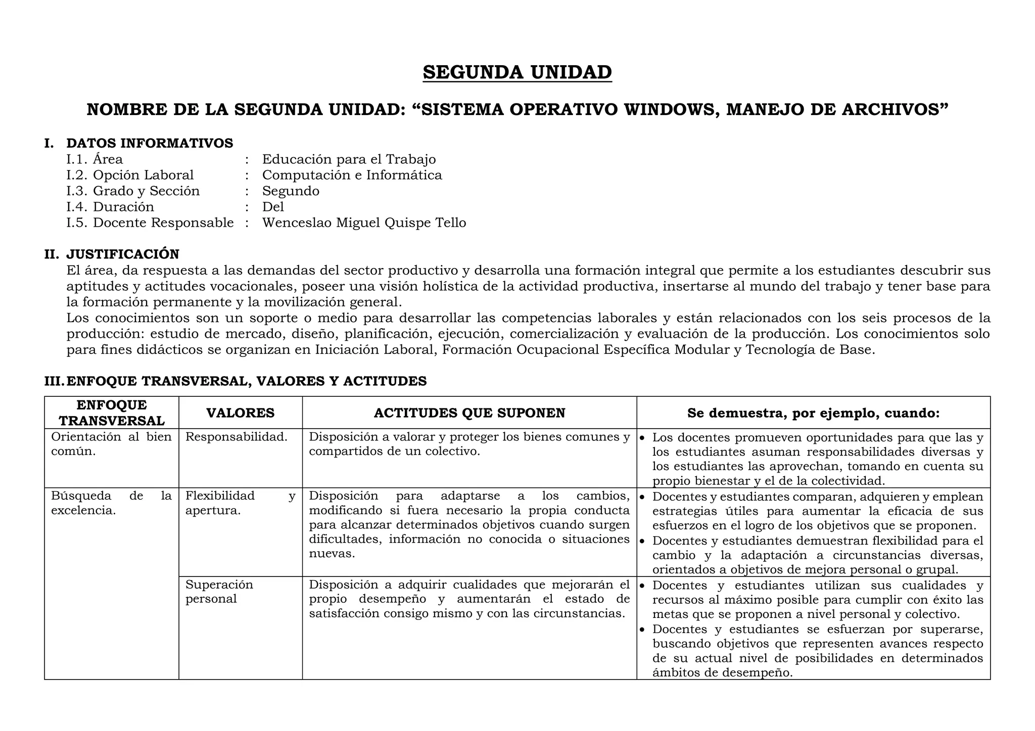 SEGUNDA UNIDAD
NOMBRE DE LA SEGUNDA UNIDAD: “SISTEMA OPERATIVO WINDOWS, MANEJO DE ARCHIVOS”
I. DATOS INFORMATIVOS
I.1. Área : Educación para el Trabajo
I.2. Opción Laboral : Computación e Informática
I.3. Grado y Sección : Segundo
I.4. Duración : Del
I.5. Docente Responsable : Wenceslao Miguel Quispe Tello
II. JUSTIFICACIÓN
El área, da respuesta a las demandas del sector productivo y desarrolla una formación integral que permite a los estudiantes descubrir sus
aptitudes y actitudes vocacionales, poseer una visión holística de la actividad productiva, insertarse al mundo del trabajo y tener base para
la formación permanente y la movilización general.
Los conocimientos son un soporte o medio para desarrollar las competencias laborales y están relacionados con los seis procesos de la
producción: estudio de mercado, diseño, planificación, ejecución, comercialización y evaluación de la producción. Los conocimientos solo
para fines didácticos se organizan en Iniciación Laboral, Formación Ocupacional Específica Modular y Tecnología de Base.
III.ENFOQUE TRANSVERSAL, VALORES Y ACTITUDES
ENFOQUE
TRANSVERSAL
VALORES ACTITUDES QUE SUPONEN Se demuestra, por ejemplo, cuando:
Orientación al bien
común.
Responsabilidad. Disposición a valorar y proteger los bienes comunes y
compartidos de un colectivo.
 Los docentes promueven oportunidades para que las y
los estudiantes asuman responsabilidades diversas y
los estudiantes las aprovechan, tomando en cuenta su
propio bienestar y el de la colectividad.
Búsqueda de la
excelencia.
Flexibilidad y
apertura.
Disposición para adaptarse a los cambios,
modificando si fuera necesario la propia conducta
para alcanzar determinados objetivos cuando surgen
dificultades, información no conocida o situaciones
nuevas.
 Docentes y estudiantes comparan, adquieren y emplean
estrategias útiles para aumentar la eficacia de sus
esfuerzos en el logro de los objetivos que se proponen.
 Docentes y estudiantes demuestran flexibilidad para el
cambio y la adaptación a circunstancias diversas,
orientados a objetivos de mejora personal o grupal.
Superación
personal
Disposición a adquirir cualidades que mejorarán el
propio desempeño y aumentarán el estado de
satisfacción consigo mismo y con las circunstancias.
 Docentes y estudiantes utilizan sus cualidades y
recursos al máximo posible para cumplir con éxito las
metas que se proponen a nivel personal y colectivo.
 Docentes y estudiantes se esfuerzan por superarse,
buscando objetivos que representen avances respecto
de su actual nivel de posibilidades en determinados
ámbitos de desempeño.
 