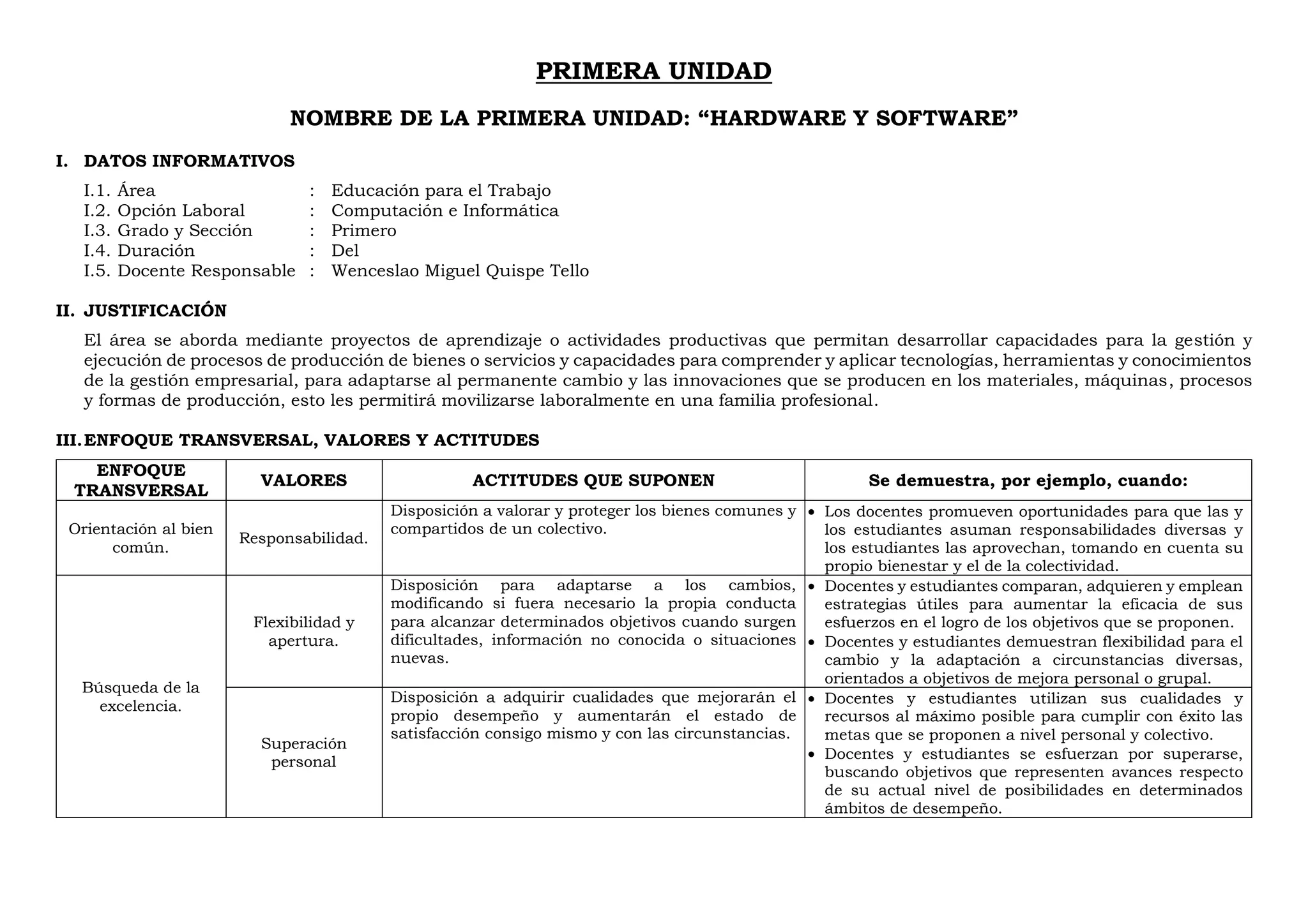 PRIMERA UNIDAD
NOMBRE DE LA PRIMERA UNIDAD: “HARDWARE Y SOFTWARE”
I. DATOS INFORMATIVOS
I.1. Área : Educación para el Trabajo
I.2. Opción Laboral : Computación e Informática
I.3. Grado y Sección : Primero
I.4. Duración : Del
I.5. Docente Responsable : Wenceslao Miguel Quispe Tello
II. JUSTIFICACIÓN
El área se aborda mediante proyectos de aprendizaje o actividades productivas que permitan desarrollar capacidades para la gestión y
ejecución de procesos de producción de bienes o servicios y capacidades para comprender y aplicar tecnologías, herramientas y conocimientos
de la gestión empresarial, para adaptarse al permanente cambio y las innovaciones que se producen en los materiales, máquinas, procesos
y formas de producción, esto les permitirá movilizarse laboralmente en una familia profesional.
III.ENFOQUE TRANSVERSAL, VALORES Y ACTITUDES
ENFOQUE
TRANSVERSAL
VALORES ACTITUDES QUE SUPONEN Se demuestra, por ejemplo, cuando:
Orientación al bien
común.
Responsabilidad.
Disposición a valorar y proteger los bienes comunes y
compartidos de un colectivo.
 Los docentes promueven oportunidades para que las y
los estudiantes asuman responsabilidades diversas y
los estudiantes las aprovechan, tomando en cuenta su
propio bienestar y el de la colectividad.
Búsqueda de la
excelencia.
Flexibilidad y
apertura.
Disposición para adaptarse a los cambios,
modificando si fuera necesario la propia conducta
para alcanzar determinados objetivos cuando surgen
dificultades, información no conocida o situaciones
nuevas.
 Docentes y estudiantes comparan, adquieren y emplean
estrategias útiles para aumentar la eficacia de sus
esfuerzos en el logro de los objetivos que se proponen.
 Docentes y estudiantes demuestran flexibilidad para el
cambio y la adaptación a circunstancias diversas,
orientados a objetivos de mejora personal o grupal.
Superación
personal
Disposición a adquirir cualidades que mejorarán el
propio desempeño y aumentarán el estado de
satisfacción consigo mismo y con las circunstancias.
 Docentes y estudiantes utilizan sus cualidades y
recursos al máximo posible para cumplir con éxito las
metas que se proponen a nivel personal y colectivo.
 Docentes y estudiantes se esfuerzan por superarse,
buscando objetivos que representen avances respecto
de su actual nivel de posibilidades en determinados
ámbitos de desempeño.
 