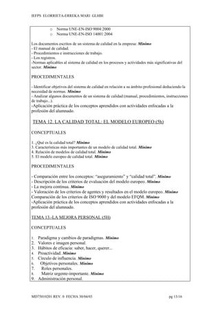 IEFPS ELORRIETA-ERREKA MARI GLHBI


           o   Norma UNE-EN-ISO 9004:2000
           o   Norma UNE-EN-ISO 14001:2004

Los documentos escritos de un sistema de calidad en la empresa: Mínimo
- El manual de calidad.
- Procedimientos e instrucciones de trabajo.
- Los registros.
-Normas aplicables al sistema de calidad en los procesos y actividades más significativas del
sector. Mínimo

PROCEDIMENTALES

- Identificar objetivos del sistema de calidad en relación a su ámbito profesional deduciendo la
necesidad de normas. Mínimo
- Analizar algunos documentos de un sistema de calidad (manual, procedimientos, instrucciones
de trabajo...).
-Aplicación práctica de los conceptos aprendidos con actividades enfocadas a la
profesión del alumnado.

TEMA 12. LA CALIDAD TOTAL: EL MODELO EUROPEO (5h)

CONCEPTUALES

1. ¿Qué es la calidad total? Mínimo
3. Características más importantes de un modelo de calidad total. Mínimo
4. Relación de modelos de calidad total. Mínimo
5. El modelo europeo de calidad total. Mínimo

PROCEDIMENTALES

- Comparación entre los conceptos: “aseguramiento” y “calidad total”. Mínimo
- Descripción de los criterios de evaluación del modelo europeo. Mínimo
- La mejora continua. Mínimo
- Valoración de los criterios de agentes y resultados en el modelo europeo. Mínimo
Comparación de los criterios de ISO 9000 y del modelo EFQM. Mínimo
-Aplicación práctica de los conceptos aprendidos con actividades enfocadas a la
profesión del alumnado.

TEMA 13.-LA MEJORA PERSONAL (5H)

CONCEPTUALES

1. Paradigma y cambios de paradigmas. Mínimo
2. Valores e imagen personal.
3. Hábitos de eficacia: saber, hacer, querer...
4. Proactividad. Mínimo
5. Círculo de influencia. Mínimo
6.  Objetivos personales. Mínimo
7.   Roles personales.
8.   Matriz urgente-importante. Mínimo
9. Administración personal.


MD75010201 REV. 0 FECHA 30/04/03                                                    pg 13/16
 