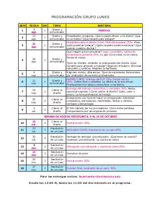 PROGRAMACIÓN GRUPO LUNES
SEM FECHA UN TEMA SUBTEMA
1
7
ago.
1
Cliente y
comunicador
FESTIVO
2
14
ago.
1
Cliente y
comunicador
Presentación, programa, ¿Que le puedo ofrecer a mi cliente? ¿Que
es un cliente? ¿Que necesito para trabajar?
3
21
ago.
1
Cliente y
comunicador
Muéstrense ante el cliente (3 min. Pitch del ascensor) 25%. ¿Para
quién podemos trabajar? ¿Quién necesita nuestros servicios? ¿Que
quieren nuestros clientes?
4
28
ago.
1
Cliente y
comunicador
Que imágen quiero proyectar? Logo y portafolio, tarjeta de
presentación personal 25%. Lo que no se cobra no se valora.
Perder el miedo.
Tipos de clientes. entender el presupuesto del cliente. ¿Que
necesito para empezar a trabajar? Régimen tributario. Personas
naturales y jurídicas. Régimen simplificado.
5
4
sep.
1
Cliente y
comunicador
Régimen común, diferencias. Tipos de sociedades. Retenciones
por prestación de servicios profesionales.
6
11
sep.
1
Cliente y
comunicador
PRIMER CORTE. Entrega del RUT 25%. Parcial escrito
25%. Costos fijos y variables. La oficina en la era virtual.
Planteamiento trabajo costos fijos y variables.
7
18
sep.
2
Cobrar el
diseño
Entrega del trabajo costos fijos y variables 30%.Modus
operandi sugerido. ¿Como cobrar el diseño? Costo, valor y
precio. La hora profesional de trabajo.
8
25
sep.
2
Cobrar el
diseño
Excepciones a la hora de hacer un presupuesto. Identidad
corporativa, animaciones. multimedia. Tarifas y combos,
ventajas y desventajas.
9
2
oct.
2
Cobrar el
diseño
El IVA cobrado por los proveedores. Cómo évitar pérdidas.
Compensación por encargarse de procesos.
SEMANA DE RECESO ESTUDIANTIL 9 AL 14 DE OCTUBRE
10
16
oct.
2
Cobrar el
diseño
Parcial escrito 30%.
11
23
oct.
3
Resolución
de un caso
SEGUNDO CORTE. Resolución de un caso 40%.
12
30
oct.
3
Resolución
de un caso
Ventajas de entregar una cotización. ¿Que tener en cuenta?
Haciendo una cotización. La cuenta de cobro.
13
6
nov.
3
Resolución
de un caso
Entrega de una cotización y cuenta de cobro.25%
14
13
nov.
3
Resolución
de un caso
Derechos de autor
15
20
nov.
3
Resolución
de un caso
Parcial escrito 25%
16
27
nov.
3
Resolución
de un caso
Examen final, resolución de un caso. 50%
Para las entregas online: hsantander@uniminuto.edu
Desde las 12:00 M, hasta las 11:59 del día indicado en el programa.
 
