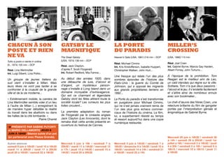CHACUN À SON
POSTE ET RIEN
NEVA
GATSBY LE
MAGNIFIQUE
LA PORTE
DU PARADIS
MILLER’S
CROSSING
Autres séances
samedi 8 juin à 18h30 / lundi 10 à 16h30
mardi 11 à 20h30 / lundi 17 à 20h30
jeudi 20 à 16h20 / samedi 22 à 18h30
Mercredi 5 juin à 19h / vendredi 7 à
20h30 / mardi 11 à 14h30 / mercredi 12
à 17h / jeudi 13 à 14h30 / samedi 15 à
14h30 / mardi 25 à 20h30
Mercredi 5 juin à 14h30 / vendredi 7 à
16h30 / dimanche 9 à 14h30 / lundi 10 à
18h30 / vendredi 14 à 14h / vendredi 21
à 16h30 / mardi 25 à 14h
Mercredi 26 juin à 18h30 / vendredi 28
à 14h / samedi 29 à 20h30 / lundi 1er
juillet à 18h / mercredi 3 à 16h30 / jeudi
4 à 20h / vendredi 5 à 16h / samedi 6 à
18h15 / mercredi 10 à 18h15 / jeudi 11
à 16h30
Réal. Lina Wertmüller
Int. Luigi Diberti, Lina Polito...
Un groupe de jeunes italiens du
sud vient s’installer à Milan. Mais
leurs rêves ne vont pas tarder à se
confronter à la cruauté de la grande
ville et de la vie moderne...
« Extrêmement mobile, la caméra de
Lina Wertmüller semble voler d’un lieu
à l’autre de Milan (...) enregistrant là
de manière hyper détaillée la réalité
du travail dans les abattoirs ou dans
les halles de la cité lombarde. »
Pierre Charrel
Réal. Jack Clayton,
d’après F. Scott Fitzgerald
Int. Robert Redford, Mia Farrow...
Au début des années 1920, dans
une débauche de luxe, d’alcool et
d’argent, un mystérieux person-
nage s’installe à Long Island dans un
domaine incroyable d’extravagance.
Qui est ce charmant et légendaire
Gatsby dont les fêtes attirent toute la
société locale? Les rumeurs les plus
folles circulent...
La première adaptation du roman
de Fitzgerald par le cinéaste anglais
Jack Clayton (Les Innocents), dont le
remake était cette année présenté en
ouverture du festival de Cannes.
Réal. Michael Cimino
Int. Kris Kristoﬀerson, Isabelle Huppert,
Christopher Walken, John Hurt...
Une fresque qui relate l’un des plus
sombres épisodes de l’histoire des
Etats-Unis : la guerre du Comté de
Johnson, qui a opposé les migrants
aux grands propriétaires terriens en
1892...
La Porte du paradis s’est transformée
en purgatoire pour Michael Cimino,
qui ne s’est jamais vraiment remis de
l’un des plus gros échecs commer-
ciaux de l’histoire du cinéma. Le ﬁlm,
lui, a superbement résisté au temps
et ressort aujourd’hui dans une copie
numérique restaurée.
Réal. Joel Coen
Int. Gabriel Byrne, Marcia Gay Harden,
Albert Finney, John Turturro...
À l’époque de la prohibition. Tom
Reagan est le meilleur ami de Leo,
un caïd irlandais qui règne sur la ville.
Solitaire, Tom n’a que deux passions :
l’alcool et le jeu. Il s’endette facilement
et s’attire ainsi de nombreux ennuis
avec son bookmaker...
Le chef-d’œuvre des frères Coen, une
relecture brillante du ﬁlm de gangster
portée par l’interprétation géniale et
énigmatique de Gabriel Byrne.
Tutto a posto e niente in ordine
(It., 1974) 105 min – DCP
The Great Gatsby
(USA, 1974) 138 min – DCP
Heaven’s Gate (USA, 1981) 216 min – DCP (USA, 1990) 115 min
PRÉSENTÉ PAR SABINE PUTORTI
et MARIO DELLAMORTE JEUDI 6
JUIN À 18H00. Séance suivie d’un pot
(en partenariat avec Piazza Grande).
 
