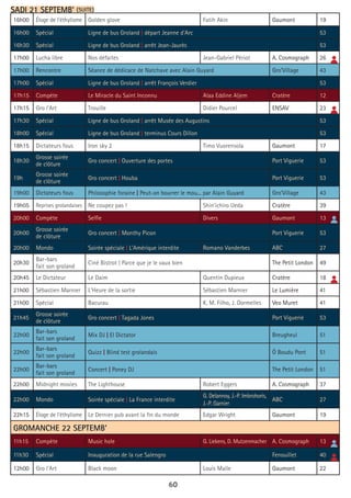 60
16h00 Éloge de l'éthylisme Golden glove Fatih Akin Gaumont 19
16h00 Spécial Ligne de bus Groland | départ Jeanne d'Arc 53
16h30 Spécial Ligne de bus Groland | arrêt Jean-Jaurès 53
17h00 Lucha libre Nos défaites Jean-Gabriel Périot A. Cosmograph 26
17h00 Rencontre Séance de dédicace de Natchave avec Alain Guyard Gro’Village 43
17h00 Spécial Ligne de bus Groland | arrêt François Verdier 53
17h15 Compète Le Miracle du Saint Inconnu Alaa Eddine Aljem Cratère 12
17h15 Gro l'Art Trouille Didier Pourcel ENSAV 23
17h30 Spécial Ligne de bus Groland | arrêt Musée des Augustins 53
18h00 Spécial Ligne de bus Groland | terminus Cours Dillon 53
18h15 Dictateurs fous Iron sky 2 Timo Vuorensola Gaumont 17
18h30
Grosse soirée
de clôture
Gro concert | Ouverture des portes Port Viguerie 53
19h
Grosse soirée
de clôture
Gro concert | Houba Port Viguerie 53
19h00 Dictateurs fous Philosophie foraine | Peut-on bourrer le mou... par Alain Guyard Gro’Village 43
19h05 Reprises grolandaises Ne coupez pas ! Shin'ichiro Ueda Cratère 39
20h00 Compète Selfie Divers Gaumont 13
20h00
Grosse soirée
de clôture
Gro concert | Monthy Picon Port Viguerie 53
20h00 Mondo Soirée spéciale | L'Amérique interdite Romano Vanderbes ABC 27
20h30
Bar-bars
fait son groland
Ciné Bistrot | Parce que je le vaux bien The Petit London 49
20h45 Le Dictateur Le Daim Quentin Dupieux Cratère 18
21h00 Sébastien Marnier L'Heure de la sortie Sébastien Marnier Le Lumière 41
21h00 Spécial Bacurau K. M. Filho, J. Dormelles Veo Muret 41
21h45
Grosse soirée
de clôture
Gro concert | Tagada Jones Port Viguerie 53
22h00
Bar-bars
fait son groland
Mix DJ | El Dictator Breugheul 51
22h00
Bar-bars
fait son groland
Quizz | Blind test grolandais Ô Boudu Pont 51
22h00
Bar-bars
fait son groland
Concert | Poney DJ The Petit London 51
22h00 Midnight movies The Lighthouse Robert Eggers A. Cosmograph 37
22h00 Mondo Soirée spéciale | La France interdite
G. Delannoy, J.-P. Imbrohoris,
J.-P. Garnier
ABC 27
22h15 Éloge de l'éthylisme Le Dernier pub avant la fin du monde Edgar Wright Gaumont 19
GROMANCHE 22 SEPTEMB’
11h15 Compète Music hole G. Liekens, D. Mutzenmacher A. Cosmograph 13
11h30 Spécial Inauguration de la rue Salengro Fenouillet 40
12h00 Gro l'Art Black moon Louis Malle Gaumont 22
SADI 21 SEPTEMB’ (SUITE)
 