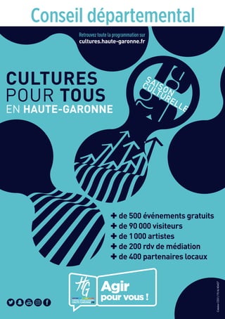 +de 500 événements gratuits
+de 90000 visiteurs
+de 1000 artistes
+de 200 rdv de médiation
+de 400 partenaires locaux
Retrouvez toute la programmation sur
cultures.haute-garonne.fr
CULTURES
POUR TOUS
EN HAUTE-GARONNE
CréationCD31/19/4/40457
 