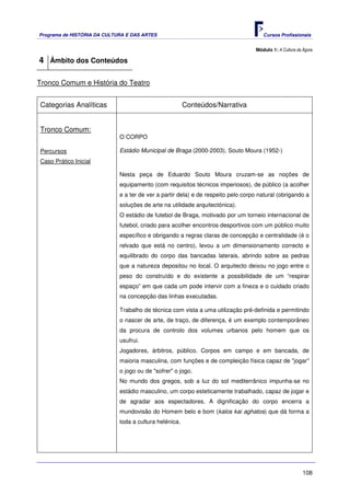 Programa de HISTÓRIA DA CULTURA E DAS ARTES                                          Cursos Profissionais


                                                                                  Módulo 1: A Cultura da Ágora

4 Âmbito dos Conteúdos

Tronco Comum e História do Teatro


Categorias Analíticas                                   Conteúdos/Narrativa


Tronco Comum:
                             O CORPO

Percursos                    Estádio Municipal de Braga (2000-2003), Souto Moura (1952-)
Caso Prático Inicial

                             Nesta peça de Eduardo Souto Moura cruzam-se as noções de
                             equipamento (com requisitos técnicos imperiosos), de público (a acolher
                             e a ter de ver a partir dela) e de respeito pelo corpo natural (obrigando a
                             soluções de arte na utilidade arquitectónica).
                             O estádio de futebol de Braga, motivado por um torneio internacional de
                             futebol, criado para acolher encontros desportivos com um público muito
                             específico e obrigando a regras claras de concepção e centralidade (é o
                             relvado que está no centro), levou a um dimensionamento correcto e
                             equilibrado do corpo das bancadas laterais, abrindo sobre as pedras
                             que a natureza depositou no local. O arquitecto deixou no jogo entre o
                             peso do construído e do existente a possibilidade de um “respirar
                             espaço” em que cada um pode intervir com a fineza e o cuidado criado
                             na concepção das linhas executadas.

                             Trabalho de técnica com vista a uma utilização pré-definida e permitindo
                             o nascer de arte, de traço, de diferença, é um exemplo contemporâneo
                             da procura de controlo dos volumes urbanos pelo homem que os
                             usufrui.
                             Jogadores, árbitros, público. Corpos em campo e em bancada, de
                             maioria masculina, com funções e de compleição física capaz de "jogar"
                             o jogo ou de "sofrer" o jogo.
                             No mundo dos gregos, sob a luz do sol mediterrânico impunha-se no
                             estádio masculino, um corpo esteticamente trabalhado, capaz de jogar e
                             de agradar aos espectadores. A dignificação do corpo encerra a
                             mundovisão do Homem belo e bom (kalos kai aghatos) que dá forma a
                             toda a cultura helénica.




                                                                                                         108
 