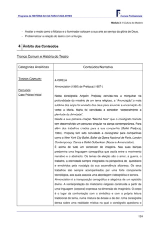 Programa de HISTÓRIA DA CULTURA E DAS ARTES                                         Cursos Profissionais


                                                                            Módulo 3: A Cultura do Mosteiro



   - Avaliar o modo como o Músico e o Iluminador colocam a sua arte ao serviço da glória de Deus.
   - Problematizar a relação do teatro com a liturgia.


4 Âmbito dos Conteúdos

Tronco Comum e História do Teatro


Categorias Analíticas                                    Conteúdos/Narrativa


Tronco Comum:                 A IGREJA

                              Annonciation (1995) de Preljocaj (1957-)
Percursos
Caso Prático Inicial          Nesta coreografia Angelin Preljocaj convida-nos a mergulhar na
                              profundidade do mistério de um tema religioso, a “Anunciação”:o mais
                              sublime dos anjos foi enviado dos céus para anunciar a encarnação do
                              verbo a Maria. Maria foi convidada a conceber “corporalmente a
                              plenitude da divindade”.
                              Desde a sua primeira criação “Marché Noir” que o coreógrafo francês
                              tem desenvolvido um percurso singular na dança contemporânea. Para
                              além dos trabalhos criados para a sua companhia (Ballet Preljocaj,
                              1984), Preljocaj tem sido convidado a coreografar para companhias
                              como o New York City Ballet, Ballet da Ópera Nacional de Paris, London
                              Contemporary Dance e Ballet Gulbenkian (Noces e Annonciation).
                              É acima de tudo um construtor de imagens. Nas suas danças
                              predomina uma linguagem coreográfica que oscila entre o movimento
                              narrativo e o abstracto. Os temas de eleição são o amor, a guerra, o
                              trabalho, a eternidade sempre integrados na perspectiva do quotidiano
                              e envolvidos pela nostalgia da sua ascendência albanesa. Os seus
                              trabalhos são sempre acompanhados por uma forte componente
                              tecnológica, aos quais associa uma abordagem videográfica e sonora.
                              Annonciation é a transposição cenográfica e alegórica de um episódio
                              divino. A reinterpretação do misticismo religioso construída a partir de
                              uma linguagem (corporal) expressa na dimensão do imaginário. O corpo
                              é o lugar da confrontação com o simbólico e com a própria leitura
                              tradicional do tema, numa mistura de êxtase e de dor. Uma coreografia
                              densa sobre uma realidade mística na qual o coreógrafo questiona o




                                                                                                      124
 