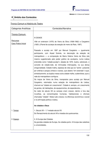 Programa de HISTÓRIA DA CULTURA E DAS ARTES                                         Cursos Profissionais


                                                                            Módulo 4: A Cultura da Catedral

4 Âmbito dos Conteúdos

Tronco Comum e História do Teatro

Categorias Analíticas                                 Conteúdos/Narrativa

Tronco Comum:
                             A CIDADE
Percursos
                             Ville en extension (1970) de Vieira da Silva (1908-1992) e Cargaleiro
Caso Prático Inicial
                             (1925-) (Painel de azulejos da estação de metro do Rato, 1997).


                             Passada a azulejo em 1997 por Manuel Cargaleiro — igualmente
                             participante, com Arpad Szènés, na decoração da estação de
                             metropolitano — a composição de Maria Helena Vieira da Silva (ela
                             mesma sugestionada pelo poder gráfico da azulejaria, numa Lisboa
                             entendida como “cidade-azulejo”), datada de 1970, ilustra, sobretudo, o
                             conceito de cidade-rede, de intrincadas imbricações, na sua densa
                             ortogonalidade. Cidade-malha, espessa de vida que se “sente”, pulsando
                             por artérias e praças (cheios e vazios), que alastra “em extensão” e que,
                             simbolicamente, se duplica nessa outra cidade-malha, subterrânea, que a
                             rede do metropolitano configura.
                             Os traços de Vieira da Silva, transpostos para azulejo por Manuel
                             Cargaleiro, retomados numa estação de metropolitano de Lisboa,
                             chamam-se "cidade em crescimento". Cidade é, sempre, um crescimento
                             de gentes, de habitações, de equipamentos, de espectáculos,…
                             Ao redor do século XII os campos viram crescer, dentro e fora das
                             muralhas,   as     concentrações    humanas,   habitacionais    e   oficinais
                             chamadas "cidade". Nelas tudo cresceu na diferença económica e social
                             e na afirmação política e lúdica.


                             As cidades e Deus

1. Tempo                     1. Século XII – 1.ª metade século XV
                             Do Renascimento do século XII a meados de quatrocentos.


2. Espaço                    2. A Europa das Cidades
                             As grandes cidades da Europa. As cidades-porto. A Europa das catedrais
                             e universidades.




                                                                                                      132
 