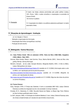 Programa de HISTÓRIA DA CULTURA E DAS ARTES                                          Cursos Profissionais



                               O teatro nas festas urbanas promovidas pelo poder político (Lisboa,
                               1451; Évora, 1490), e pelos concelhos e corporações (a procissão do
                               Corpus Christi).
                                Os momos no palácio.

12. Recepção
                               12. A população da cidade e os públicos palacianos participam no teatro
                               associado à festa.




5 Situações de Aprendizagem / Avaliação
      (cf. 4.2, Secção 4, Parte I)
   - Selecção e organização da informação.
   - Interpretação das fontes (iconográficas e escritas).
   - Produção de texto escrito.



6 Bibliografia / Outros Recursos

   6.1. Caso Prático Inicial: Ville en extension (1970). Vieira da Silva (1908-1992), Cargaleiro
       (1925-) (Metro - Rato 1997).
   Antunes, Maria Amélia, Ribeiro, José Sommer, Ruivo, Marina Bairrão (2001). Vieira da Silva: obra
       gráfica, Montijo: Câmara Municipal.
   Monteiro, Gonçalo… [et el], colab. Gonçalo Monteiro, Margarida Botelho (1991). A Arte no Metro,
       Lisboa: Metropolitano de Lisboa.
   http://www.metrolisboa.pt/Default.aspx?tabid=474 (acedido em 21.12.2006) (Informação sobre a arte
       no Metro, com reprodução parcial do painel da pintora).
   http://perso.wanadoo.fr/art-deco.france/vieira_silva.htm (acedido em 21.12.2006) (Biografia da
       pintora, com reproduções de obras).
   http://www.cnac-gp.fr/Pompidou/Accueil.nsf (acedido em 21.12.2006) (Algumas das obras da pintora
       no Centro Pompidou).


   6.2. Tronco Comum
   Duby, Georges (1979). O Tempo das Catedrais. A arte e a sociedade (980-1420). Lisboa: Editorial
       Estampa (a análise da integração da arte e da sociedade no tempo medieval).
   Knowles, M. D., Obolensky, D. (1968). Nouvelle Histoire de l’Église. Le Moyen Age. Paris: Éditions
       du Seuil (síntese qualificada sobre o tema).
   Le Goff, Jacques (1983). A Civilização do Ocidente Medieval. 2 vols. Lisboa: Editorial Estampa (obra
       de síntese complementada com estudos de caso temático-conjunturais).



                                                                                                     134
 