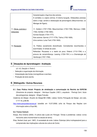 Programa de HISTÓRIA DA CULTURA E DAS ARTES                                             Cursos Profissionais



                                Caracterização e figurinos dos actores.
                                A comédia e a ópera cómica. O drama burguês. Didascálias precisas
                                sobre o traje, cenário e deslocação de personagens (Beaumarchais, Le
                                Mariage de Figaro).


11. Obras, autorias e           11. Goldoni (1707-1793); Beaumarchais (1732-1799); Marivaux (1688-
intérpretes                     1763); Schiller (1759-1805);
                                Correia Garção (1724-1777).
                                Dois actores: Garrick (1717-1779), Talma (1763-1826).
                                Uma cantora: Luísa Todi (1753-1833).


12. Recepção                    12. Público socialmente diversificado. Comediantes reconhecidos e
                                acarinhados. O retrato do actor.
                                Reflexões: Rousseau e o teatro do povo. Diderot (1713-1784) e a
                                procura da verosimilhança. Lessing (1729-1781) e a Dramaturgia de
                                Hamburgo (1767-1769).



5 Situações de Aprendizagem / Avaliação
       (cf. 4.2, Secção 4, Parte I)
   - Selecção e organização da informação.
   - Interpretação das fontes (iconográficas e escritas).
   - Produção de texto escrito.


6 Bibliografia / Outros Recursos

   6.1. Caso Prático Inicial: Projecto de sinalização e comunicação do Recinto da EXPO'98
       (Directores do projecto: designer - Henrique Cayatte (1957-); arquitecto - Pierluigi Cerri. Autor
       dos pictogramas: designer - Shigeo Fukuda).
   Cadernos do Design. Anuário do Design'98 (1998). Lisboa: Centro Português de Design, ano seis,
       n.º17-18, p.86-89.
   http://www.parquedasnacoes.pt/ (acedido em 15.07.2006) (sítio do Parque das Nações com
       informação sobre a Expo’98).


   6.2. Tronco Comum
   Araújo, Ana Cristina (2003). A cultura das Luzes em Portugal. Temas e problemas. Lisboa: Livros
       Horizonte (obra incontornável no estudo do tema).
   Elias, Norbert (trad. port. 1987). A sociedade de corte. Lisboa: Estampa (obra inultrapassável para a
       compreensão das implicações culturais da cultura de Corte).



                                                                                                        158
 