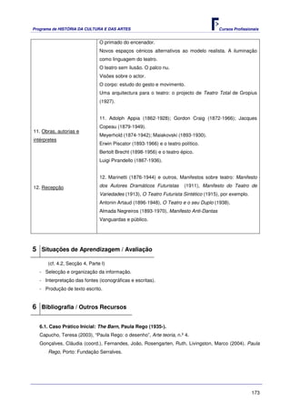 Programa de HISTÓRIA DA CULTURA E DAS ARTES                                           Cursos Profissionais


                                O primado do encenador.
                                Novos espaços cénicos alternativos ao modelo realista. A iluminação
                                como linguagem do teatro.
                                O teatro sem ilusão. O palco nu.
                                Visões sobre o actor.
                                O corpo: estudo do gesto e movimento.
                                Uma arquitectura para o teatro: o projecto de Teatro Total de Gropius
                                (1927).


                                11. Adolph Appia (1862-1928); Gordon Craig (1872-1966); Jacques
                                Copeau (1879-1949).
11. Obras, autorias e
                                Meyerhold (1874-1942); Maiakovski (1893-1930).
intérpretes
                                Erwin Piscator (1893-1966) e o teatro político.
                                Bertolt Brecht (1898-1956) e o teatro épico.
                                Luigi Pirandello (1867-1936).


                                12. Marinetti (1876-1944) e outros, Manifestos sobre teatro: Manifesto

12. Recepção                    dos Autores Dramáticos Futuristas       (1911), Manifesto do Teatro de
                                Variedades (1913), O Teatro Futurista Sintético (1915), por exemplo.
                                Antonin Artaud (1896-1948), O Teatro e o seu Duplo (1938).
                                Almada Negreiros (1893-1970), Manifesto Anti-Dantas
                                Vanguardas e público.




5 Situações de Aprendizagem / Avaliação
       (cf. 4.2, Secção 4, Parte I)
   - Selecção e organização da informação.
   - Interpretação das fontes (iconográficas e escritas).
   - Produção de texto escrito.


6 Bibliografia / Outros Recursos

   6.1. Caso Prático Inicial: The Barn, Paula Rego (1935-).
   Capucho, Teresa (2003), “Paula Rego: o desenho”, Arte teoria, n.º 4.
   Gonçalves, Cláudia (coord.), Fernandes, João, Rosengarten, Ruth, Livingston, Marco (2004). Paula
       Rego, Porto: Fundação Serralves.




                                                                                                       173
 