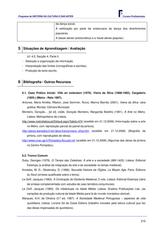 Programa de HISTÓRIA DA CULTURA E DAS ARTES                                          Cursos Profissionais


                               da dança social.
                               A estilização por parte da aristocracia da dança dos divertimentos
                               populares.
                               A basse danse (aristocrática) e a haute danse (popular).


5 Situações de Aprendizagem / Avaliação
      (cf. 4.2, Secção 4, Parte I)
   - Selecção e organização da informação.
   - Interpretação das fontes (iconográficas e escritas).
   - Produção de texto escrito.



6 Bibliografia / Outros Recursos

   6.1. Caso Prático Inicial: Ville en extension (1970). Vieira da Silva (1908-1992), Cargaleiro
       (1925-) (Metro - Rato 1997).
   Antunes, Maria Amélia, Ribeiro, José Sommer, Ruivo, Marina Bairrão (2001). Vieira da Silva: obra
       gráfica, Montijo: Câmara Municipal.
   Monteiro, Gonçalo… [et el], colab. Gonçalo Monteiro, Margarida Botelho (1991). A Arte no Metro,
       Lisboa: Metropolitano de Lisboa.
   http://www.metrolisboa.pt/Default.aspx?tabid=474 (acedido em 21.12.2006) (Informação sobre a arte
       no Metro, com reprodução parcial do painel da pintora).
   http://perso.wanadoo.fr/art-deco.france/vieira_silva.htm (acedido em 21.12.2006) (Biografia da
       pintora, com reproduções de obras).
   http://www.cnac-gp.fr/Pompidou/Accueil.nsf (acedido em 21.12.2006) (Algumas das obras da pintora
       no Centro Pompidou).


   6.2. Tronco Comum
   Duby, Georges (1979). O Tempo das Catedrais. A arte e a sociedade (980-1420). Lisboa: Editorial
       Estampa (a análise da integração da arte e da sociedade no tempo medieval).
   Knowles, M. D., Obolensky, D. (1968). Nouvelle Histoire de l’Église. Le Moyen Age. Paris: Éditions
       du Seuil (síntese qualificada sobre o tema).
   Le Goff, Jacques (1983). A Civilização do Ocidente Medieval. 2 vols. Lisboa: Editorial Estampa (obra
       de síntese complementada com estudos de caso temático-conjunturais).
   Le Goff, Jacques (1983). Os intelectuais na Idade Média. Lisboa: Gradiva Publicações Lda. (as
       variações da produção cultural da Idade Média para lá do mundo monástico-clerical).
   Marques, A.H. de Oliveira (5.ª ed. 1987). A Sociedade Medieval Portuguesa – aspectos de vida
       quotidiana. Lisboa: Livraria Sá da Costa Editora (trabalho inovador pela leitura cultural que faz
       das ideias impensadas do quotidiano).



                                                                                                     210
 