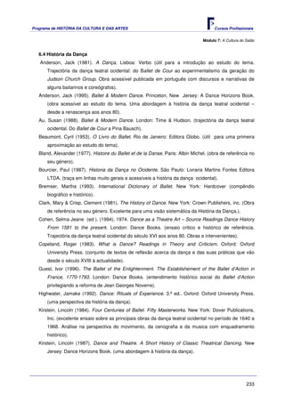 Programa de HISTÓRIA DA CULTURA E DAS ARTES                                            Cursos Profissionais


                                                                                 Módulo 7: A Cultura do Salão


   6.4 História da Dança
   Anderson, Jack (1981). A Dança. Lisboa: Verbo (útil para a introdução ao estudo do tema.
       Trajectória da dança teatral ocidental: do Ballet de Cour ao experimentalismo da geração do
       Judson Church Group. Obra acessível publicada em português com discursos e narrativas de
       alguns bailarinos e coreógrafos).
   Anderson, Jack (1995). Ballet & Modern Dance. Princeton, New Jersey: A Dance Horizons Book.
       (obra acessível ao estudo do tema. Uma abordagem à história da dança teatral ocidental –
       desde a renascença aos anos 80).
   Au, Susan (1988). Ballet & Modern Dance. London: Time & Hudson. (trajectória da dança teatral
       ocidental. Do Ballet de Cour a Pina Bausch).
   Beaumont, Cyril (1953). O Livro do Ballet. Rio de Janeiro: Editora Globo. (útil para uma primeira
       aproximação ao estudo do tema).
   Bland, Alexander (1977). Histoire du Ballet et de la Danse. Paris: Albin Michel. (obra de referência no
       seu género).
   Bourcier, Paul (1987). Historia da Dança no Ocidente. São Paulo: Livraria Martins Fontes Editora
       LTDA. (traça em linhas muito gerais e acessíveis a história da dança ocidental).
   Bremser, Martha (1993). International Dictionary of Ballet. New York: Hardcover (compêndio
       biográfico e histórico).
   Clark, Mary & Crisp, Clement (1981). The History of Dance. New York: Crown Publishers, inc. (Obra
       de referência no seu género. Excelente para uma visão sistemática da História da Dança.).
   Cohen, Selma Jeane (ed ). (1994). 1974. Dance as a Theatre Art – Source Readings Dance History
       From 1581 to the present. London: Dance Books. (ensaio critico e histórico de referência.
       Trajectória da dança teatral ocidental do século XVI aos anos 80. Obras e intervenientes).
   Copeland, Roger (1983). What is Dance? Readings in Theory and Criticism. Oxford: Oxford
       University Press. (conjunto de textos de reflexão acerca da dança e das suas práticas que vão
       desde o século XVIII à actualidade).
   Guest, Ivor (1996). The Ballet of the Enlightenment. The Establishement of the Ballet d’Action in
       France, 1770-1793. London: Dance Books. (entendimento histórico social do Ballet d’Action
       privilegiando a reforma de Jean Georges Noverre).
   Highwater, Jamake (1992). Dance: Rituals of Experience. 3.ª ed.. Oxford: Oxford University Press.
       (uma perspectiva da história da dança).
   Kirstein, Lincoln (1984). Four Centuries of Ballet. Fifty Masterworks. New York: Dover Publications,
       Inc. (excelente ensaio sobre as principais obras da dança teatral ocidental no período de 1640 a
       1968. Análise na perspectiva do movimento, da cenografia e da musica com enquadramento
       histórico).
   Kirstein, Lincoln (1987). Dance and Theatre. A Short History of Classic Theatrical Dancing. New
       Jersey: Dance Horizons Book. (uma abordagem à história da dança).




                                                                                                        233
 