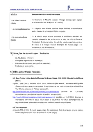 Programa de HISTÓRIA DA CULTURA E DAS ARTES                                            Cursos Profissionais



Música:                         As raízes da cultura musical europeia.


10. A origem divina da          10. O conceito de Mousiké. Música e mitologia (destaque para o papel

música                          da música nos cultos de Apolo e de Dionísio).



11. A interligação das artes    11. A ligação entre música, poesia e dança (incluindo os conceitos de
                                arsis e thesis e de pé métrico). Música no teatro.


12. A racionalização da         12. A relação entre música, aritmética e astronomia derivada dos

música                          conceitos pitagóricos. As teorias sobre a ética da música (Platão e
                                Aristóteles). O sistema teórico (tetracórdio, o sistema perfeito, géneros
                                de oitava) e a notação musical. Exemplos de música grega e os
                                problemas da sua reconstituição.


5 Situações de Aprendizagem / Avaliação
       (cf. 4.2, Secção 4, Parte I)
   -   Selecção e organização da informação.
   -   Interpretação das fontes (iconográficas e escritas).
   -   Produção de texto escrito.


6 Bibliografia / Outros Recursos

   6.1. Caso Prático Inicial: Estádio Municipal de Braga (Braga, 2000-2003), Eduardo Souto Moura
       (1952-).
   Figueira, Jorge (2003). “Eduardo Souto Moura, Uma Paisagem Exacta”, Arquitectos Portugueses
       Contemporâneos, obras comentadas e itinerários para a sua visita, coordenação editorial Ana
       Vaz Milheiro, colecção de Público, fascículo 04.
   http://www.vitruvius.com.br/entrevista/soutomoura/soutomoura.asp        (acedido    em     15.07.2006)
       (entrevista com o arquitecto e imagens do estádio; em português).
   http://www.instituto-camoes.pt/arquivos/artes/arqpessoa.html (acedido em 15.07.2006) (biografia e
       interessante entrevista de Souto Moura sobre a arquitectura na cultura contemporânea, no
       seguimento de ser galardoado, em 1998, com o Prémio Pessoa; em português).


   6.2. Tronco Comum
   Amouretti, M.C. (1993). O mundo grego antigo. Dos palácios de Creta à conquista romana. Lisboa:
       D. Quixote (interessante visão de síntese do mundo antigo).




                                                                                                       275
 