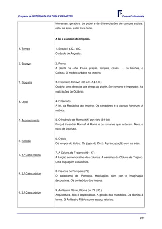 Programa de HISTÓRIA DA CULTURA E DAS ARTES                                       Cursos Profissionais


                             interesses, geradora de poder e de diferenciações de campos sociais:
                             estar na lei ou estar fora da lei.



                             A lei e a ordem do Império.


1. Tempo                     1. Século I a.C. / d.C.
                             O século de Augusto.


2. Espaço                    2. Roma
                             A planta da urbs. Ruas, praças, templos, casas, … os banhos, o
                             Coliseu. O modelo urbano no Império.


3. Biografia                 3. O romano Octávio (63 a.C.-14 d.C.)
                             Octávio, uma dinastia que chega ao poder. Ser romano e imperador. As
                             realizações de Octávio.


4. Local                     4. O Senado
                             A lei, da República ao Império. Os senadores e o cursus honorum. A
                             retórica.


5. Acontecimento             5. O Incêndio de Roma (64) por Nero (54-68)
                             Porquê incendiar Roma? A Roma e os romanos que arderam. Nero, o
                             herói do incêndio.


                             6. O ócio
6. Síntese
                             Os tempos do lúdico. Os jogos do Circo. A preocupação com as artes.


                             7. A Coluna de Trajano (98-117)
7. 1.º Caso prático
                             A função comemorativa das colunas. A narrativa da Coluna de Trajano.
                             Uma linguagem escultórica.


                             8. Frescos de Pompeia (79)
8. 2.º Caso prático
                             O cataclismo de Pompeia. Habitações com cor e imaginação
                             decorativas. Os conteúdos dos frescos.


                             9. Anfiteatro Flávio, Roma (in. 72 d.C.)
9. 3.º Caso prático
                             Arquitectura, ócio e espectáculo. A gestão das multidões. Da técnica à
                             forma. O Anfiteatro Flávio como espaço retórico.




                                                                                                  281
 