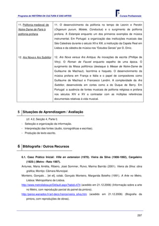 Programa de HISTÓRIA DA CULTURA E DAS ARTES                                            Cursos Profissionais



11. Polifonia medieval: de      11. O desenvolvimento da polifonia no tempo de Leonin e Perotin
Notre-Dame de Paris à           (Organum purum, Motete, Conductus) e o surgimento de polifonia
polifonia profana               profana. A Estampie enquanto um dos primeiros exemplos de música
                                instrumental. Em Portugal: a organização das instituições musicais das
                                Sés Catedrais durante o século XII e XIII, a instituição da Capela Real em
                                Lisboa e da cátedra de música nos “Estudos Gerais” por D. Diniz.


12. Ars Nova e Ars Subtilior    12. Ars Nova versus Ars Antiqua. As inovações de escrita (Phillipe de
                                Vitry). O Roman de Fauvel enquanto espelho de uma época. O
                                surgimento da Missa polifónica (destaque à Messe de Notre-Dame de
                                Guillaume de Machaut). Isorritmia e hoqueto. O desenvolvimento da
                                música profana em França e Itália e o papel de compositores como
                                Guillaume de Machaut e Francesco Landini. A complexidade da Ars
                                Subtilior, desenvolvida em cortes como a do Duque de Berry. Em
                                Portugal: a ausência de fontes musicais de polifonia religiosa e profana
                                nos séculos XIV e XV a contrastar com as múltiplas referências
                                documentais relativas à vida musical.



5 Situações de Aprendizagem / Avaliação

       (cf. 4.2, Secção 4, Parte I)
   - Selecção e organização da informação.
   - Interpretação das fontes (áudio, iconográficas e escritas).
   - Produção de texto escrito.




6 Bibliografia / Outros Recursos

   6.1. Caso Prático Inicial: Ville en extension (1970). Vieira da Silva (1908-1992), Cargaleiro
       (1925-) (Metro - Rato 1997).
   Antunes, Maria Amélia, Ribeiro, José Sommer, Ruivo, Marina Bairrão (2001). Vieira da Silva: obra
       gráfica, Montijo: Câmara Municipal.
   Monteiro, Gonçalo… [et el], colab. Gonçalo Monteiro, Margarida Botelho (1991). A Arte no Metro,
       Lisboa: Metropolitano de Lisboa.
   http://www.metrolisboa.pt/Default.aspx?tabid=474 (acedido em 21.12.2006) (Informação sobre a arte
       no Metro, com reprodução parcial do painel da pintora).
   http://perso.wanadoo.fr/art-deco.france/vieira_silva.htm (acedido em 21.12.2006) (Biografia da
       pintora, com reproduções de obras).




                                                                                                       297
 