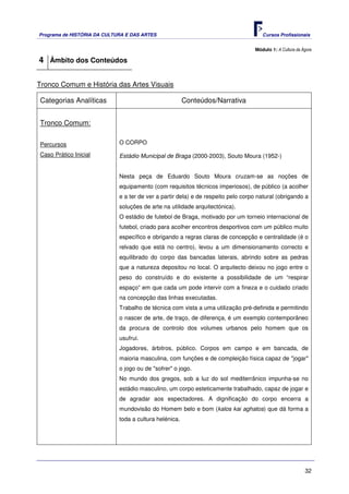 Programa de HISTÓRIA DA CULTURA E DAS ARTES                                          Cursos Profissionais


                                                                                  Módulo 1: A Cultura da Ágora

4 Âmbito dos Conteúdos

Tronco Comum e História das Artes Visuais

Categorias Analíticas                                   Conteúdos/Narrativa


Tronco Comum:


Percursos                    O CORPO

Caso Prático Inicial         Estádio Municipal de Braga (2000-2003), Souto Moura (1952-)


                             Nesta peça de Eduardo Souto Moura cruzam-se as noções de
                             equipamento (com requisitos técnicos imperiosos), de público (a acolher
                             e a ter de ver a partir dela) e de respeito pelo corpo natural (obrigando a
                             soluções de arte na utilidade arquitectónica).
                             O estádio de futebol de Braga, motivado por um torneio internacional de
                             futebol, criado para acolher encontros desportivos com um público muito
                             específico e obrigando a regras claras de concepção e centralidade (é o
                             relvado que está no centro), levou a um dimensionamento correcto e
                             equilibrado do corpo das bancadas laterais, abrindo sobre as pedras
                             que a natureza depositou no local. O arquitecto deixou no jogo entre o
                             peso do construído e do existente a possibilidade de um “respirar
                             espaço” em que cada um pode intervir com a fineza e o cuidado criado
                             na concepção das linhas executadas.
                             Trabalho de técnica com vista a uma utilização pré-definida e permitindo
                             o nascer de arte, de traço, de diferença, é um exemplo contemporâneo
                             da procura de controlo dos volumes urbanos pelo homem que os
                             usufrui.
                             Jogadores, árbitros, público. Corpos em campo e em bancada, de
                             maioria masculina, com funções e de compleição física capaz de "jogar"
                             o jogo ou de "sofrer" o jogo.
                             No mundo dos gregos, sob a luz do sol mediterrânico impunha-se no
                             estádio masculino, um corpo esteticamente trabalhado, capaz de jogar e
                             de agradar aos espectadores. A dignificação do corpo encerra a
                             mundovisão do Homem belo e bom (kalos kai aghatos) que dá forma a
                             toda a cultura helénica.




                                                                                                          32
 