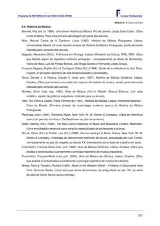 Programa de HISTÓRIA DA CULTURA E DAS ARTES                                            Cursos Profissionais


                                                                                  Módulo 8: A Cultura da Gare
   6.4. História da Música
   Bennett, Roy (ed. br. 1986). Uma breve História da Música. Rio de Janeiro: Jorge Zahar Editor. (Obra
       muito sintética. Para uma primeira abordagem por parte dos alunos).
   Brito, Manuel Carlos de & Cymbron, Luísa (1992). História da Música Portuguesa. Lisboa:
       Universidade Aberta. (A mais recente síntese da História da Música Portuguesa, particularmente
       indicada para consulta dos alunos).
   Delgado, Alexandre (2001). A Sinfonia em Portugal. Lisboa: Ministério da Cultura, IPAE, RDP. (Obra
       que aborda algum do repertório sinfónico português – nomeadamente as obras de Bomtempo,
       Viana da Mota, Luis de Freitas Branco, Joly Braga Santos e Fernando Lopes Graça).
   François-Sappey, Brigitte (Ed.) & Cantagrel, Gilles (Ed.) (1994). Guide de la mélodie et du lied. Paris:
       Fayard. (O principal repertório do lied contextualizado e comentado).
   Grout, Donald J. & Palisca, Claude V. (trad. port. 1997). História da Música Ocidental. Lisboa:
       Gradiva. (Obra que fornece uma visão de conjunto da história da música, sendo particularmente
       indicada para consulta dos alunos).
   Michels, Ulrich (trad. esp. 1992). Atlas de Música (Vol.I1). Madrid: Alianza Editorial. (Um atlas
       sintético, repleto de gráficos sugestivos. Indicado para os alunos).
   Nery, Rui Vieira & Castro, Paulo Ferreira de (1991). História da Música. Lisboa: Imprensa Nacional –
       Casa da Moeda. (Primeira síntese da musicologia moderna acerca da História da Música
       Portuguesa).
   Plantinga, Leon (1984). Romantic Music. New York: W. W. Norton & Company. (Obra de referência
       acerca do período romântico. De Beethoven ao pós-romantismo).
   Sadie, Stanley (Ed.) (1980). The New Grove Dictionary of Music and Musicians. London: Macmillan.
       (Uma enciclopédia essencial para consulta especializada de professores e alunos).
   Strunk, Oliver (Ed.) & Treitler, Leo (Ed.) (1998). Source readings in Music History. New York: W. W.
       Norton & Company. (Antologia de documentos históricos de Strunk, actualizada por Leo Treitler,
       nomeadamente no que diz respeito ao século XX. Interessante como base de trabalho em aula).
   Tranchefort, François-René (trad. port. 1998). Guia da Música Sinfónica. Lisboa: Gradiva. (Obra que
       analisa e contextualiza sucintamente o principal repertório de música orquestral).
   Tranchefort, François-René (trad. port. 2004). Guia da Música de Câmara. Lisboa: Gradiva. (Obra
       que analisa e contextualiza sucintamente o principal repertório de música de câmara).
   Weiss, Piero & Taruskin, Richard (1984). Music in the Western World – A History in Documents. New
       York: Schirmer Books. (Uma obra que reúne documentos, da antiguidade ao séc. XX, ao estilo
       da obra de Oliver Strunk acima referida).




                                                                                                        331
 