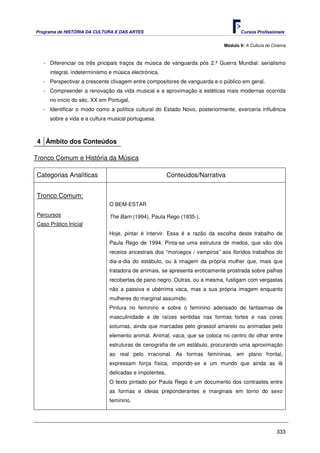 Programa de HISTÓRIA DA CULTURA E DAS ARTES                                        Cursos Profissionais


                                                                            Módulo 9: A Cultura do Cinema



   - Diferenciar os três pricipais traços da música de vanguarda pós 2.ª Guerra Mundial: serialismo
     integral, indeterminismo e música electrónica.
   - Perspectivar a crescente clivagem entre compositores de vanguarda e o público em geral.
   - Compreender a renovação da vida musical e a aproximação a estéticas mais modernas ocorrida
     no início do séc. XX em Portugal.
   - Identificar o modo como a política cultural do Estado Novo, posteriormente, exerceria influência
     sobre a vida e a cultura musical portuguesa.



4 Âmbito dos Conteúdos

Tronco Comum e História da Música

Categorias Analíticas                                   Conteúdos/Narrativa


Tronco Comum:
                              O BEM-ESTAR
Percursos                     The Barn (1994), Paula Rego (1935-).
Caso Prático Inicial
                              Hoje, pintar é intervir. Essa é a razão da escolha deste trabalho de
                              Paula Rego de 1994. Pinta-se uma estrutura de medos, que vão dos
                              receios ancestrais dos “morcegos / vampiros” aos floridos trabalhos do
                              dia-a-dia do estábulo, ou à imagem da própria mulher que, mais que
                              tratadora de animais, se apresenta eroticamente prostrada sobre palhas
                              recobertas de pano negro. Outras, ou a mesma, fustigam com vergastas
                              não a passiva e ubérrima vaca, mas a sua própria imagem enquanto
                              mulheres do marginal assumido.
                              Pintura no feminino e sobre o feminino adensado de fantasmas de
                              masculinidade e de raízes sentidas nas formas fortes e nas cores
                              soturnas, ainda que marcadas pelo girassol amarelo ou animadas pelo
                              elemento animal. Animal, vaca, que se coloca no centro do olhar entre
                              estruturas de cenografia de um estábulo, procurando uma aproximação
                              ao real pelo irracional. As formas femininas, em plano frontal,
                              expressam força física, impondo-se a um mundo que ainda as lê
                              delicadas e impotentes.
                              O texto pintado por Paula Rego é um documento dos contrastes entre
                              as formas e ideias preponderantes e marginais em torno do sexo
                              feminino.




                                                                                                    333
 
