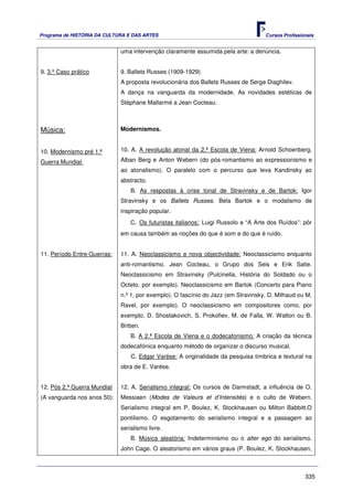 Programa de HISTÓRIA DA CULTURA E DAS ARTES                                        Cursos Profissionais


                             uma intervenção claramente assumida pela arte: a denúncia.


9. 3.º Caso prático          9. Ballets Russes (1909-1929)
                             A proposta revolucionária dos Ballets Russes de Serge Diaghilev.
                             A dança na vanguarda da modernidade. As novidades estéticas de
                             Stéphane Mallarmé a Jean Cocteau.



Música:                      Modernismos.


10. Modernismo pré 1.ª       10. A. A revolução atonal da 2.ª Escola de Viena: Arnold Schoenberg,

Guerra Mundial:              Alban Berg e Anton Webern (do pós-romantismo ao expressionismo e
                             ao atonalismo). O paralelo com o percurso que leva Kandinsky ao
                             abstracto.
                                 B. As respostas à crise tonal de Stravinsky e de Bartok: Igor
                             Stravinsky e os Ballets Russes. Bela Bartok e o modalismo de
                             inspiração popular.
                                 C. Os futuristas italianos: Luigi Russolo e “A Arte dos Ruídos”: pôr
                             em causa também as noções do que é som e do que é ruído.


11. Período Entre-Guerras:   11. A. Neoclassicismo e nova objectividade: Neoclassicismo enquanto
                             anti-romantismo. Jean Cocteau, o Grupo dos Seis e Erik Satie.
                             Neoclassicismo em Stravinsky (Pulcinella, História do Soldado ou o
                             Octeto, por exemplo). Neoclassicismo em Bartok (Concerto para Piano
                             n.º 1, por exemplo). O fascínio do Jazz (em Stravinsky, D. Milhaud ou M.
                             Ravel, por exemplo). O neoclassicismo em compositores como, por
                             exemplo, D. Shostakovich, S. Prokofiev, M. de Falla, W. Walton ou B.
                             Britten.
                                 B. A 2.ª Escola de Viena e o dodecafonismo: A criação da técnica
                             dodecafónica enquanto método de organizar o discurso musical.
                                 C. Edgar Varése: A originalidade da pesquisa tímbrica e textural na
                             obra de E. Varése.


12. Pós 2.ª Guerra Mundial   12. A. Serialismo integral: Os cursos de Darmstadt, a influência de O.
(A vanguarda nos anos 50):   Messiaen (Modes de Valeurs et d’Intensités) e o culto de Webern.
                             Serialismo integral em P. Boulez, K. Stockhausen ou Milton Babbitt.O
                             pontilismo. O esgotamento do serialismo integral e a passagem ao
                             serialismo livre.
                                 B. Música aleatória: Indeterminismo ou o alter ego do serialismo.
                             John Cage. O aleatorismo em vários graus (P. Boulez, K. Stockhausen,



                                                                                                   335
 