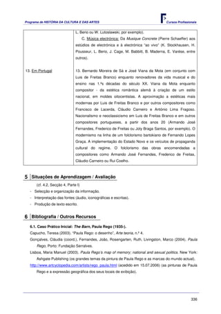 Programa de HISTÓRIA DA CULTURA E DAS ARTES                                           Cursos Profissionais


                                L. Berio ou W. Lutoslawski, por exemplo).
                                      C. Música electrónica: Da Musique Concrete (Pierre Schaeffer) aos
                                estúdios de electrónica e à electrónica “ao vivo” (K. Stockhausen, H.
                                Pousseur, L. Berio, J. Cage, M. Babbitt, B. Maderna, E. Varése, entre
                                outros).


13. Em Portugal                 13. Bernardo Moreira de Sá e José Viana da Mota (em conjunto com
                                Luis de Freitas Branco) enquanto renovadores da vida musical e do
                                ensino nas 1.ªs décadas do século XX. Viana da Mota enquanto
                                compositor - da estética romântica alemã à criação de um estilo
                                nacional, em moldes oitocentistas. A aproximação a estéticas mais
                                modernas por Luis de Freitas Branco e por outros compositores como
                                Francisco de Lacerda, Cláudio Carneiro e António Lima Fragoso.
                                Nacionalismo e neoclassicismo em Luis de Freitas Branco e em outros
                                compositores portugueses, a partir dos anos 20 (Armando José
                                Fernandes, Frederico de Freitas ou Joly Braga Santos, por exemplo). O
                                modernismo na linha de um folclorismo bartokiano de Fernando Lopes
                                Graça. A implementação do Estado Novo e os veículos de propaganda
                                cultural do regime. O folclorismo das obras encomendadas a
                                compositores como Armando José Fernandes, Frederico de Freitas,
                                Cláudio Carneiro ou Rui Coelho.



5 Situações de Aprendizagem / Avaliação
       (cf. 4.2, Secção 4, Parte I)
   - Selecção e organização da informação.
   - Interpretação das fontes (áudio, iconográficas e escritas).
   - Produção de texto escrito.


6 Bibliografia / Outros Recursos
   6.1. Caso Prático Inicial: The Barn, Paula Rego (1935-).
   Capucho, Teresa (2003). “Paula Rego: o desenho”, Arte teoria, n.º 4.
   Gonçalves, Cláudia (coord.), Fernandes, João, Rosengarten, Ruth, Livingston, Marco (2004). Paula
       Rego, Porto: Fundação Serralves.
   Lisboa, Maria Manuel (2003). Paula Rego’s map of memory; national and sexual politics. New York:
       Ashgate Publishing (os grandes temas da pintura de Paula Rego e as marcas do mundo actual).
   http://www.artcyclopedia.com/artists/rego_paula.html (acedido em 15.07.2006) (as pinturas de Paula
       Rego e a expressão geográfica dos seus locais de exibição).




                                                                                                      336
 