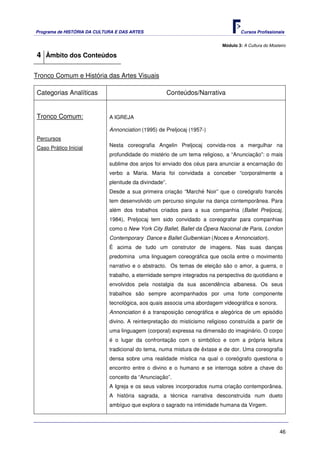 Programa de HISTÓRIA DA CULTURA E DAS ARTES                                        Cursos Profissionais


                                                                           Módulo 3: A Cultura do Mosteiro

4 Âmbito dos Conteúdos

Tronco Comum e História das Artes Visuais

Categorias Analíticas                               Conteúdos/Narrativa


Tronco Comum:                A IGREJA

                             Annonciation (1995) de Preljocaj (1957-)
Percursos
                             Nesta coreografia Angelin Preljocaj convida-nos a mergulhar na
Caso Prático Inicial
                             profundidade do mistério de um tema religioso, a “Anunciação”: o mais
                             sublime dos anjos foi enviado dos céus para anunciar a encarnação do
                             verbo a Maria. Maria foi convidada a conceber “corporalmente a
                             plenitude da divindade”.
                             Desde a sua primeira criação “Marché Noir” que o coreógrafo francês
                             tem desenvolvido um percurso singular na dança contemporânea. Para
                             além dos trabalhos criados para a sua companhia (Ballet Preljocaj,
                             1984), Preljocaj tem sido convidado a coreografar para companhias
                             como o New York City Ballet, Ballet da Ópera Nacional de Paris, London
                             Contemporary Dance e Ballet Gulbenkian (Noces e Annonciation).
                             É acima de tudo um construtor de imagens. Nas suas danças
                             predomina uma linguagem coreográfica que oscila entre o movimento
                             narrativo e o abstracto. Os temas de eleição são o amor, a guerra, o
                             trabalho, a eternidade sempre integrados na perspectiva do quotidiano e
                             envolvidos pela nostalgia da sua ascendência albanesa. Os seus
                             trabalhos são sempre acompanhados por uma forte componente
                             tecnológica, aos quais associa uma abordagem videográfica e sonora.
                             Annonciation é a transposição cenográfica e alegórica de um episódio
                             divino. A reinterpretação do misticismo religioso construída a partir de
                             uma linguagem (corporal) expressa na dimensão do imaginário. O corpo
                             é o lugar da confrontação com o simbólico e com a própria leitura
                             tradicional do tema, numa mistura de êxtase e de dor. Uma coreografia
                             densa sobre uma realidade mística na qual o coreógrafo questiona o
                             encontro entre o divino e o humano e se interroga sobre a chave do
                             conceito da “Anunciação”.
                             A Igreja e os seus valores incorporados numa criação contemporânea.
                             A história sagrada, a técnica narrativa desconstruída num dueto
                             ambíguo que explora o sagrado na intimidade humana da Virgem.




                                                                                                       46
 