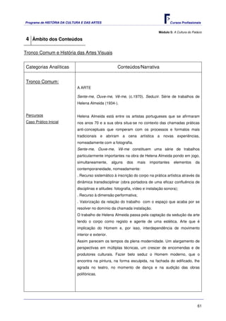 Programa de HISTÓRIA DA CULTURA E DAS ARTES                                             Cursos Profissionais


                                                                               Módulo 5: A Cultura do Palácio

4 Âmbito dos Conteúdos

Tronco Comum e História das Artes Visuais


Categorias Analíticas                                  Conteúdos/Narrativa


Tronco Comum:
                             A ARTE

                             Sente-me, Ouve-me, Vê-me, (c.1970). Seduzir. Série de trabalhos de
                             Helena Almeida (1934-).


Percursos                    Helena Almeida está entre os artistas portugueses que se afirmaram
Caso Prático Inicial         nos anos 70 e a sua obra situa-se no contexto das chamadas práticas
                             anti-conceptuais que romperam com os processos e formatos mais
                             tradicionais e abriram a cena artística a novas experiências,
                             nomeadamente com a fotografia.
                             Sente-me, Ouve-me, Vê-me constituem uma série de trabalhos
                             particularmente importantes na obra de Helena Almeida pondo em jogo,
                             simultaneamente,       alguns   dos   mais   importantes     elementos     da
                             contemporaneidade, nomeadamente:
                             . Recurso sistemático à inscrição do corpo na prática artística através da
                             dinâmica transdisciplinar (obra portadora de uma eficaz confluência de
                             disciplinas e atitudes: fotografia, vídeo e instalação sonora);
                             . Recurso à dimensão performativa;
                             . Valorização da relação do trabalho com o espaço que acaba por se
                             resolver no domínio da chamada instalação.
                             O trabalho de Helena Almeida passa pela captação da sedução da arte
                             tendo o corpo como registo e agente de uma estética. Arte que é
                             implicação do Homem e, por isso, interdependência de movimento
                             interior e exterior.
                             Assim parecem os tempos da plena modernidade. Um alargamento de
                             perspectivas em múltiplas técnicas, um crescer de encomendas e de
                             produtores culturais. Fazer belo seduz o Homem moderno, que o
                             encontra na pintura, na forma esculpida, na fachada do edificado, lhe
                             agrada no teatro, no momento de dança e na audição das obras
                             polifónicas.




                                                                                                          61
 