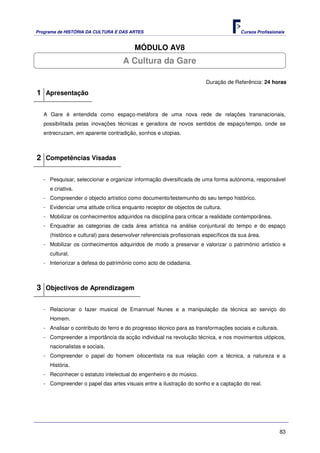 Programa de HISTÓRIA DA CULTURA E DAS ARTES                                            Cursos Profissionais


                                         MÓDULO AV8
                                    A Cultura da Gare

                                                                        Duração de Referência: 24 horas

1 Apresentação

   A Gare é entendida como espaço-metáfora de uma nova rede de relações transnacionais,
   possibilitada pelas inovações técnicas e geradora de novos sentidos de espaço/tempo, onde se
   entrecruzam, em aparente contradição, sonhos e utopias.



2 Competências Visadas

   - Pesquisar, seleccionar e organizar informação diversificada de uma forma autónoma, responsável
     e criativa.
   - Compreender o objecto artístico como documento/testemunho do seu tempo histórico.
   - Evidenciar uma atitude crítica enquanto receptor de objectos de cultura.
   - Mobilizar os conhecimentos adquiridos na disciplina para criticar a realidade contemporânea.
   - Enquadrar as categorias de cada área artística na análise conjuntural do tempo e do espaço
     (histórico e cultural) para desenvolver referenciais profissionais específicos da sua área.
   - Mobilizar os conhecimentos adquiridos de modo a preservar e valorizar o património artístico e
     cultural.
   - Interiorizar a defesa do património como acto de cidadania.



3 Objectivos de Aprendizagem

   - Relacionar o fazer musical de Emannuel Nunes e a manipulação da técnica ao serviço do
     Homem.
   - Analisar o contributo do ferro e do progresso técnico para as transformações sociais e culturais.
   - Compreender a importância da acção individual na revolução técnica, e nos movimentos utópicos,
     nacionalistas e sociais.
   - Compreender o papel do homem oitocentista na sua relação com a técnica, a natureza e a
     História.
   - Reconhecer o estatuto intelectual do engenheiro e do músico.
   - Compreender o papel das artes visuais entre a ilustração do sonho e a captação do real.




                                                                                                         83
 