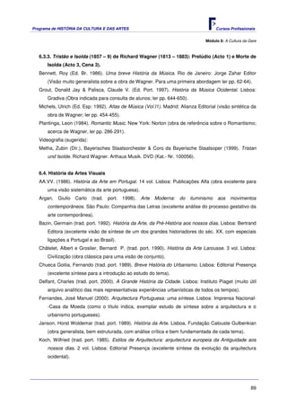 Programa de HISTÓRIA DA CULTURA E DAS ARTES                                                Cursos Profissionais


                                                                                    Módulo 8: A Cultura da Gare



   6.3.3. Tristão e Isolda (1857 – 9) de Richard Wagner (1813 – 1883): Prelúdio (Acto 1) e Morte de
       Isolda (Acto 3, Cena 3).
   Bennett, Roy (Ed. Br. 1986). Uma breve História da Música. Rio de Janeiro: Jorge Zahar Editor
       (Visão muito generalista sobre a obra de Wagner. Para uma primeira abordagem ler pp. 62-64).
   Grout, Donald Jay & Palisca, Claude V. (Ed. Port. 1997). História da Música Ocidental. Lisboa:
       Gradiva (Obra indicada para consulta de alunos; ler pp. 644-650).
   Michels, Ulrich (Ed. Esp: 1992). Atlas de Música (Vol.I1). Madrid: Alianza Editorial (visão sintética da
       obra de Wagner; ler pp. 454-455).
   Plantinga, Leon (1984). Romantic Music. New York: Norton (obra de referência sobre o Romantismo;
       acerca de Wagner, ler pp. 286-291).
   Videografia (sugerida):
   Metha, Zubin (Dir.), Bayerisches Staatsorchester & Coro da Bayerische Staatsoper (1999). Tristan
       und Isolde. Richard Wagner. Arthaus Musik. DVD (Kat.- Nr. 100056).


   6.4. História da Artes Visuais
   AA.VV. (1986). História da Arte em Portugal. 14 vol. Lisboa: Publicações Alfa (obra excelente para
       uma visão sistemática da arte portuguesa).
   Argan,   Giulio   Carlo   (trad.   port.   1998).   Arte   Moderna:   do   iluminismo   aos    movimentos
       contemporâneos. São Paulo: Companhia das Letras (excelente análise do processo gestativo da
       arte contemporânea).
   Bazin, Germain (trad. port. 1992). História da Arte, da Pré-História aos nossos dias. Lisboa: Bertrand
       Editora (excelente visão de síntese de um dos grandes historiadores do séc. XX, com especiais
       ligações a Portugal e ao Brasil).
   Châtelet, Albert e Groslier, Bernard P. (trad. port. 1990). História da Arte Larousse. 3 vol. Lisboa:
       Civilização (obra clássica para uma visão de conjunto).
   Chueca Goitia, Fernando (trad. port. 1989). Breve História do Urbanismo. Lisboa: Editorial Presença
       (excelente síntese para a introdução ao estudo do tema).
   Delfant, Charles (trad. port. 2000). A Grande História da Cidade. Lisboa: Instituto Piaget (muito útil
       arquivo analítico das mais representativas experiências urbanísticas de todos os tempos).
   Fernandes, José Manuel (2000). Arquitectura Portuguesa: uma síntese. Lisboa: Imprensa Nacional-
       -Casa da Moeda (como o título indica, exemplar estudo de síntese sobre a arquitectura e o
       urbanismo portugueses).
   Janson, Horst Woldemar (trad. port. 1989). História da Arte. Lisboa, Fundação Calouste Gulbenkian
       (obra generalista, bem estruturada, com análise crítica e bem fundamentada de cada tema).
   Koch, Wilfried (trad. port. 1985). Estilos de Arquitectura: arquitectura europeia da Antiguidade aos
       nossos dias. 2 vol. Lisboa: Editorial Presença (excelente síntese da evolução da arquitectura
       ocidental).




                                                                                                            89
 