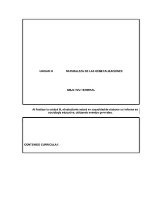 UNIDAD III            NATURALEZA DE LAS GENERALIZACIONES




                                OBJETIVO TERMINAL




    Al finalizar la unidad III, el estudiante estará en capacidad de elaborar un informe en
                   sociología educativa, utilizando eventos generales.




CONTENIDO CURRICULAR
 